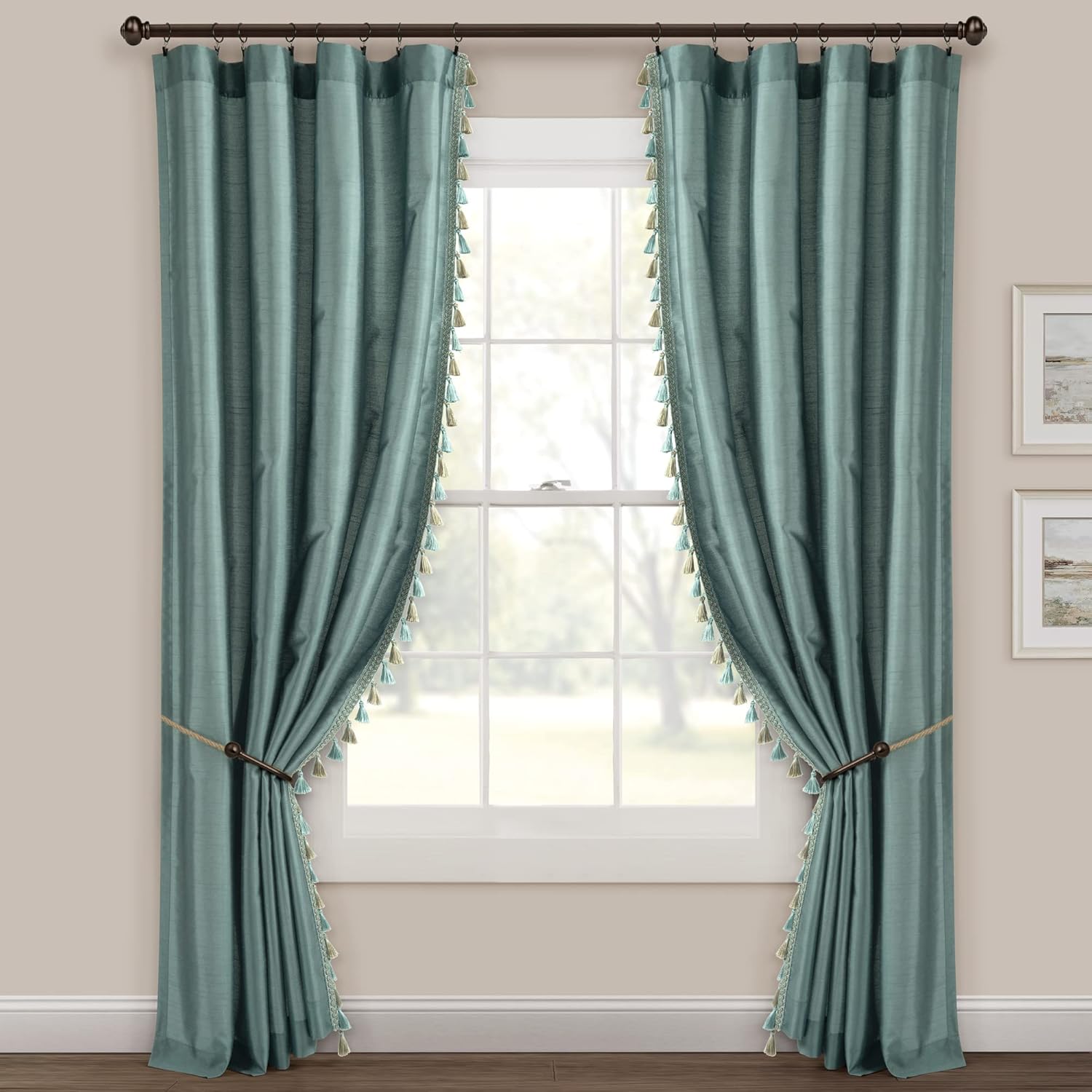 Lush Decor Luxury Regency Faux Silk Two Tone Tassel Window Curtain Panel Pair, 84" L x 52" W, Taupe