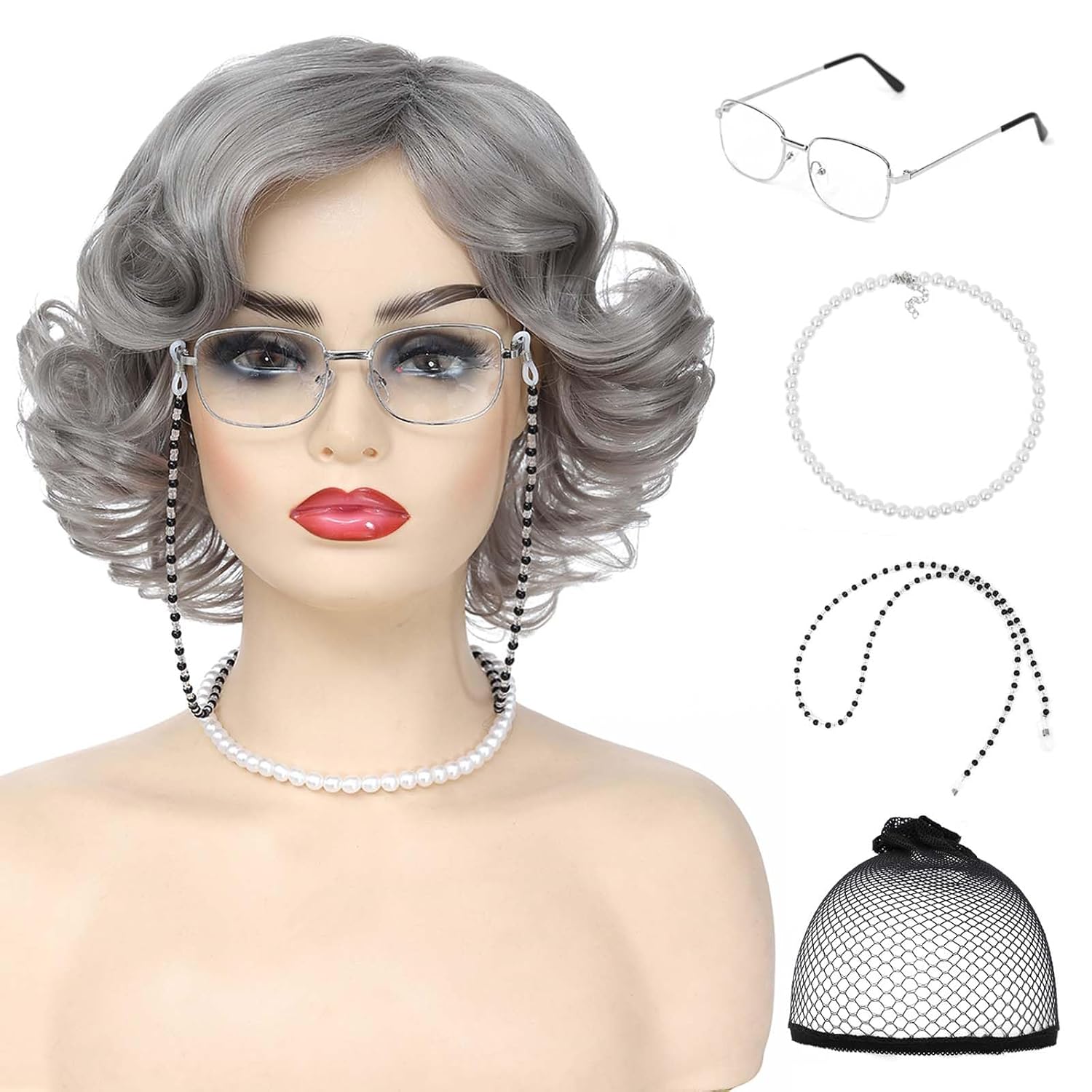 Parceria Old Lady Wig Costume Set for Women, Short Silver Grey Wigs Granny Wig Costume and Accessories 5 Pcs Set, Realistic Style Curly Grandma Costume Wig for Halloween Cosplay Party