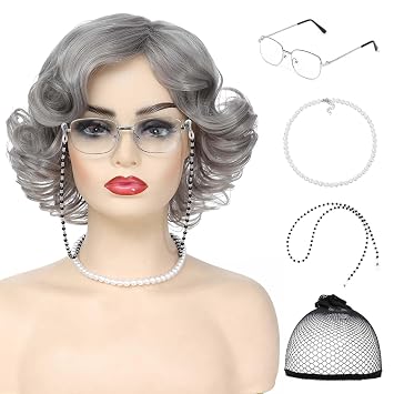 Parceria Old Lady Wig Costume Set for Women, Short Silver Grey Wigs Granny Wig Costume and Accessories 5 Pcs Set, Realistic Style Curly Grandma Costume Wig for Halloween Cosplay Party