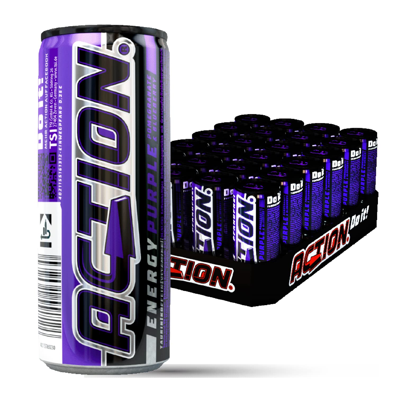 ACTION Purple - Energy Drink mit Granatapfel Heidelbeere Geschmack - 24er Palette Dosen Getränke - EINWEG (24 x 500 ml)…