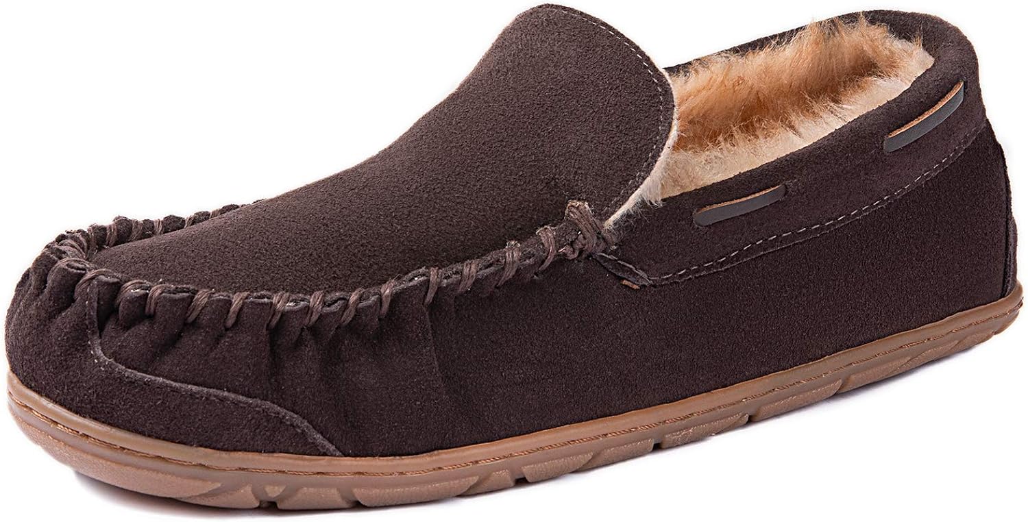 ULTRAIDEAS Men's Genuine Suede Leather Moccasin Slippers, Cozy Memory Foam House Shoes with Fuzzy Lining Outdoor Rubber Sole