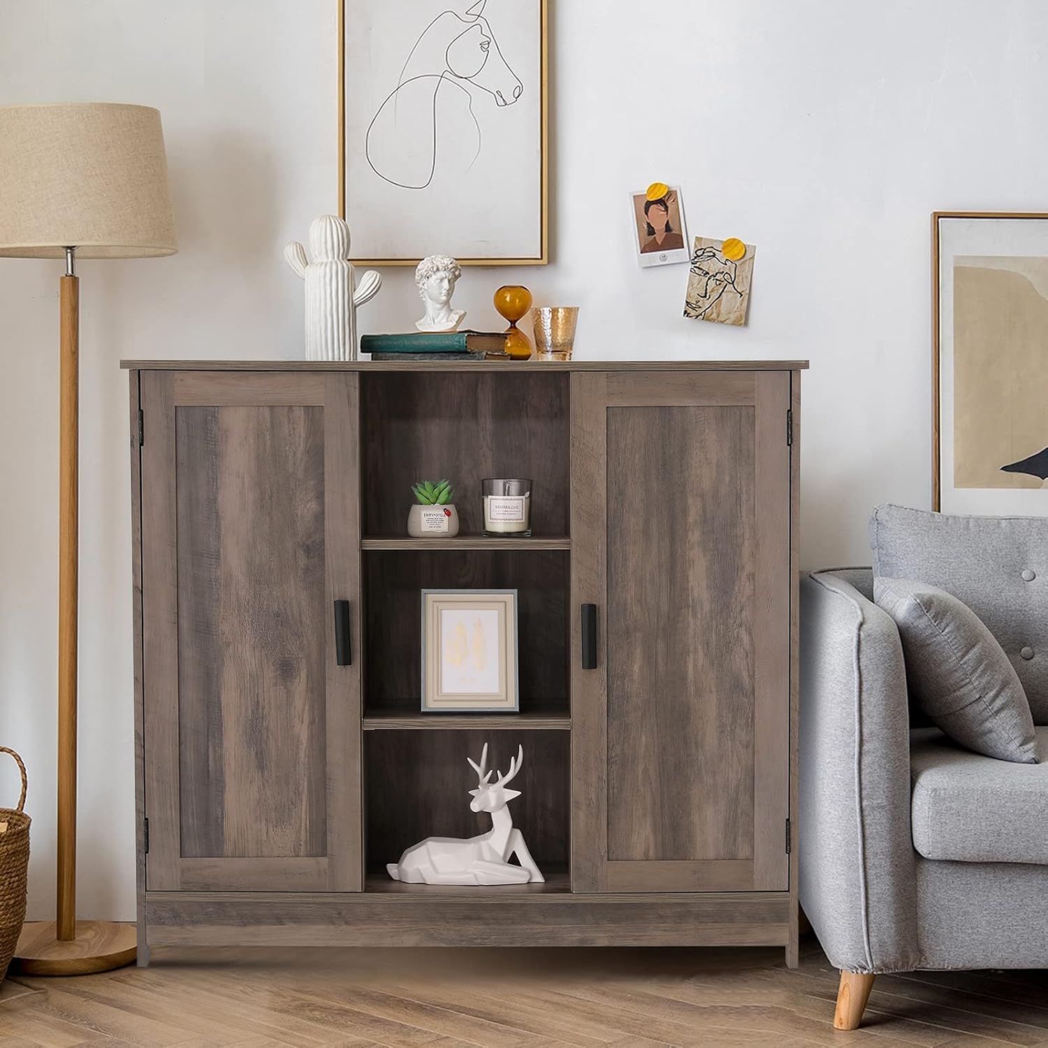 Iwell Floor Storage Cabinet with 2 Doors and 2 Open Shelves, Wooden Buffet Cabinet, Freestanding Cabinet for Kitchen, Living Room, Hallway, Rustic Oak