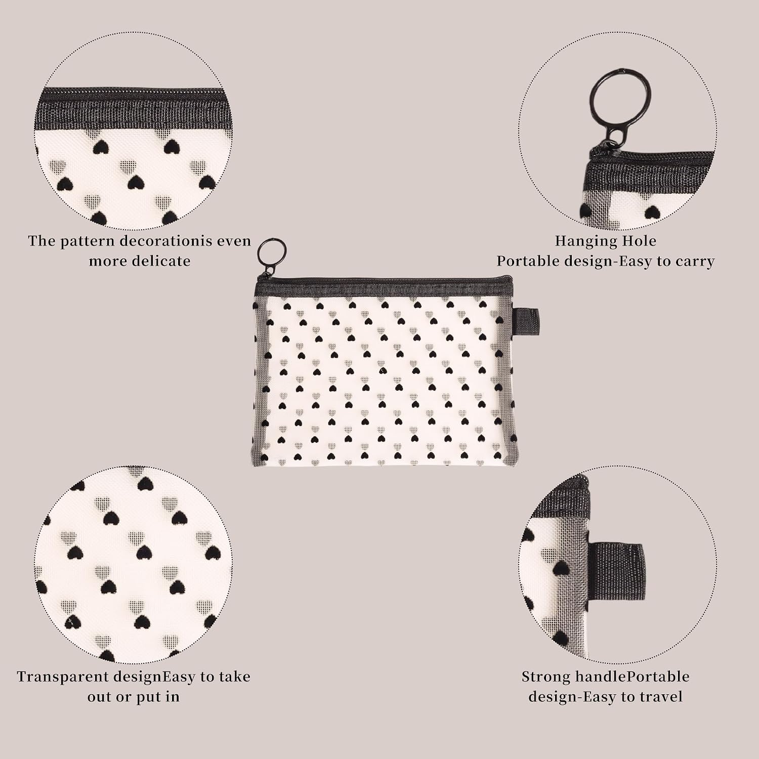 6-Piece Heart Printed Mesh Makeup Bag Set – Small Pouches for Purse, Mesh Pouch, Pouches for Inside Purse, Pouch for Bags with Zipper（Beige）