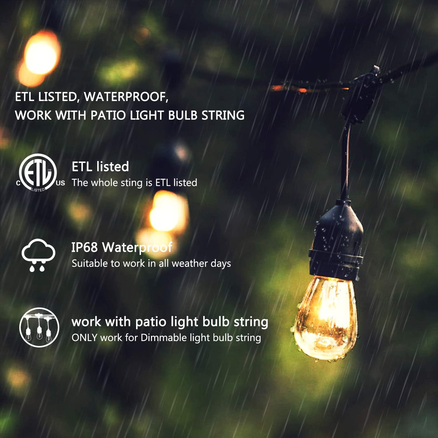 Dimmer Plug, Kohree Dimmer Switch Dimming Kits Plug-in Remote Timer for Outdoor Patio String Lights LED Bulbs, 240W Max Power, 10ft Longer Cord, 3 Prong Outlet, Weatherproof IP68, ETL Listed