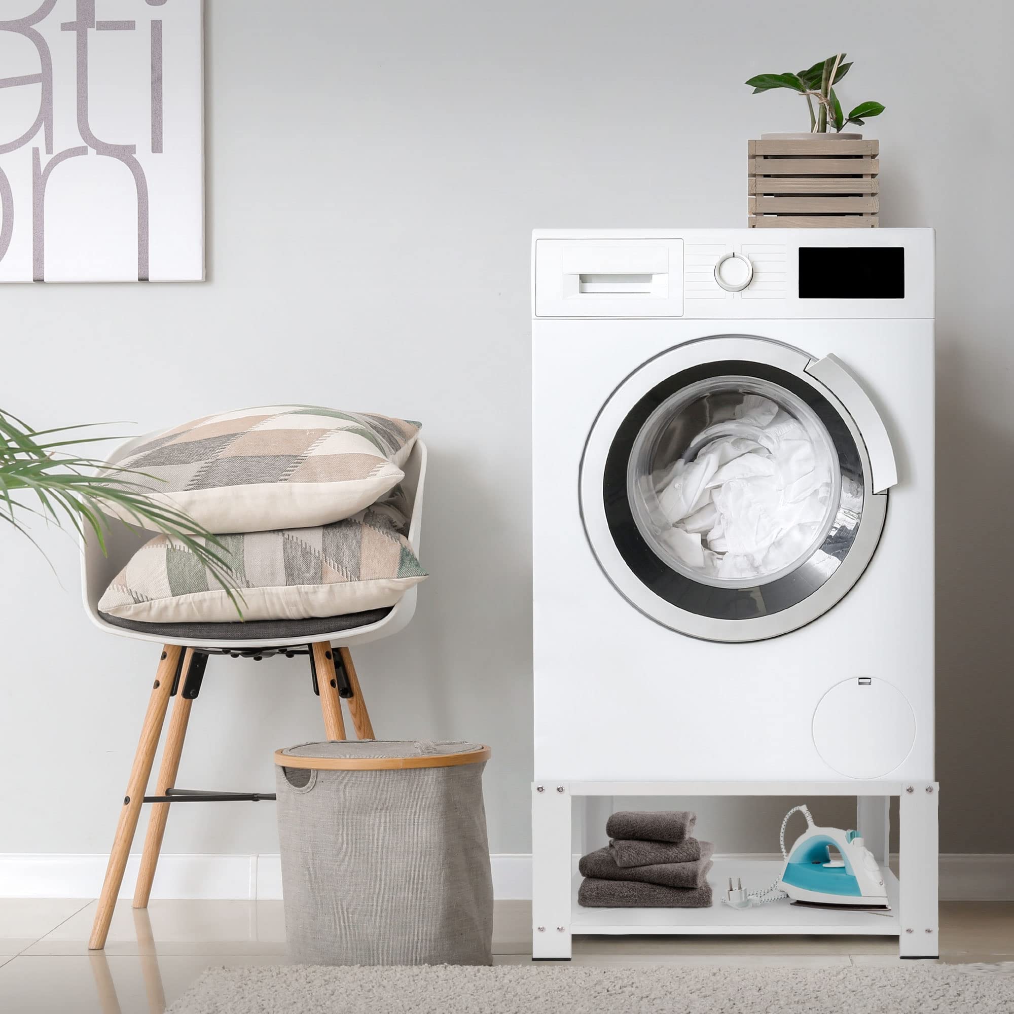 ML-Design Base para Lavadora con Estante 63 x 54 cm de Acero Blanco Capacidad Hasta 150 kg Bastidor Estable para Secadora Pedestal 32 cm de Altura Soporte Universal Antideslizante para Almacenaje