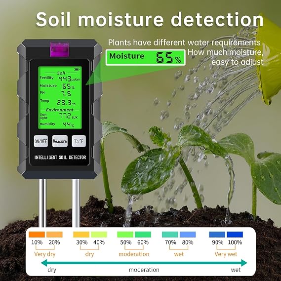 LDOPTO 6-in-1 Soil Moisture Meter Digital Plant Temperature/Soil Moisture/PH Meter/Sunlight Intensity Backlight LCD Display Soil Test Meter for Gardening, Farming and Outdoor Plants