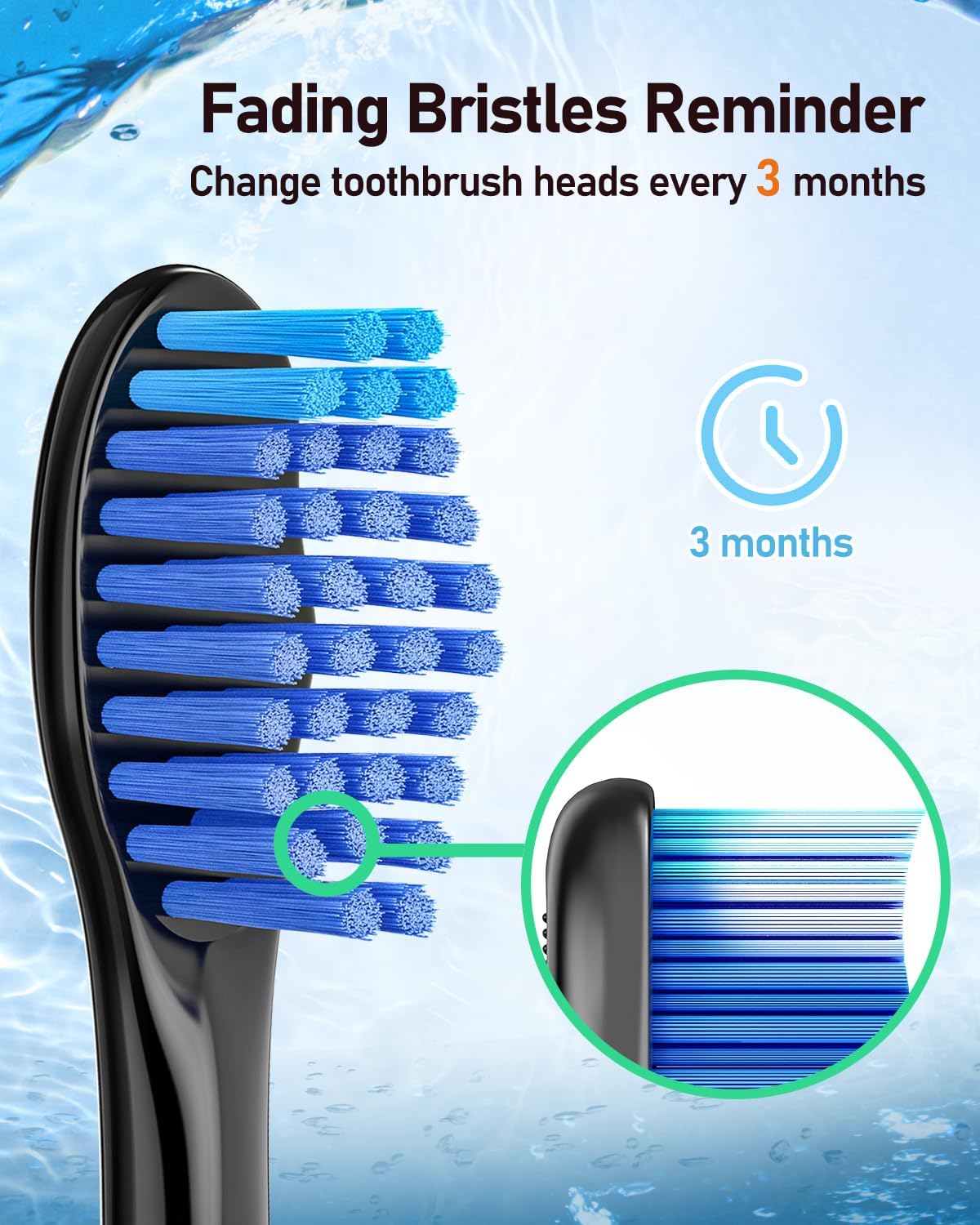 Diagram showing 7MAGIC D36 brush head bristles before and after 3 months of use, illustrating color fading.