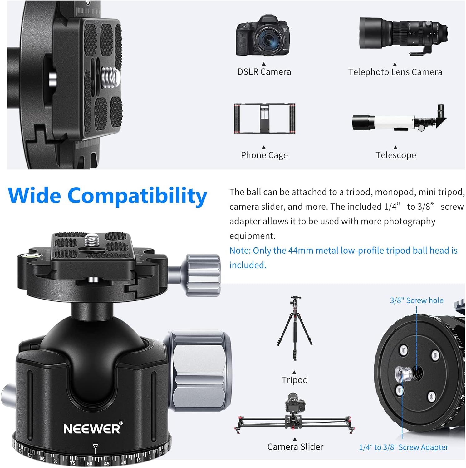 Neewer Low Profile DSLR Camera Tripod Ball Head, 44mm All Metal Panoramic Camera Mount Tripod Head with 1/4” Quick Release Plate for DSLR Camera/Camcorder, Tripod, Monopod, Slider, Max Load 55lb/25kg : Electronics