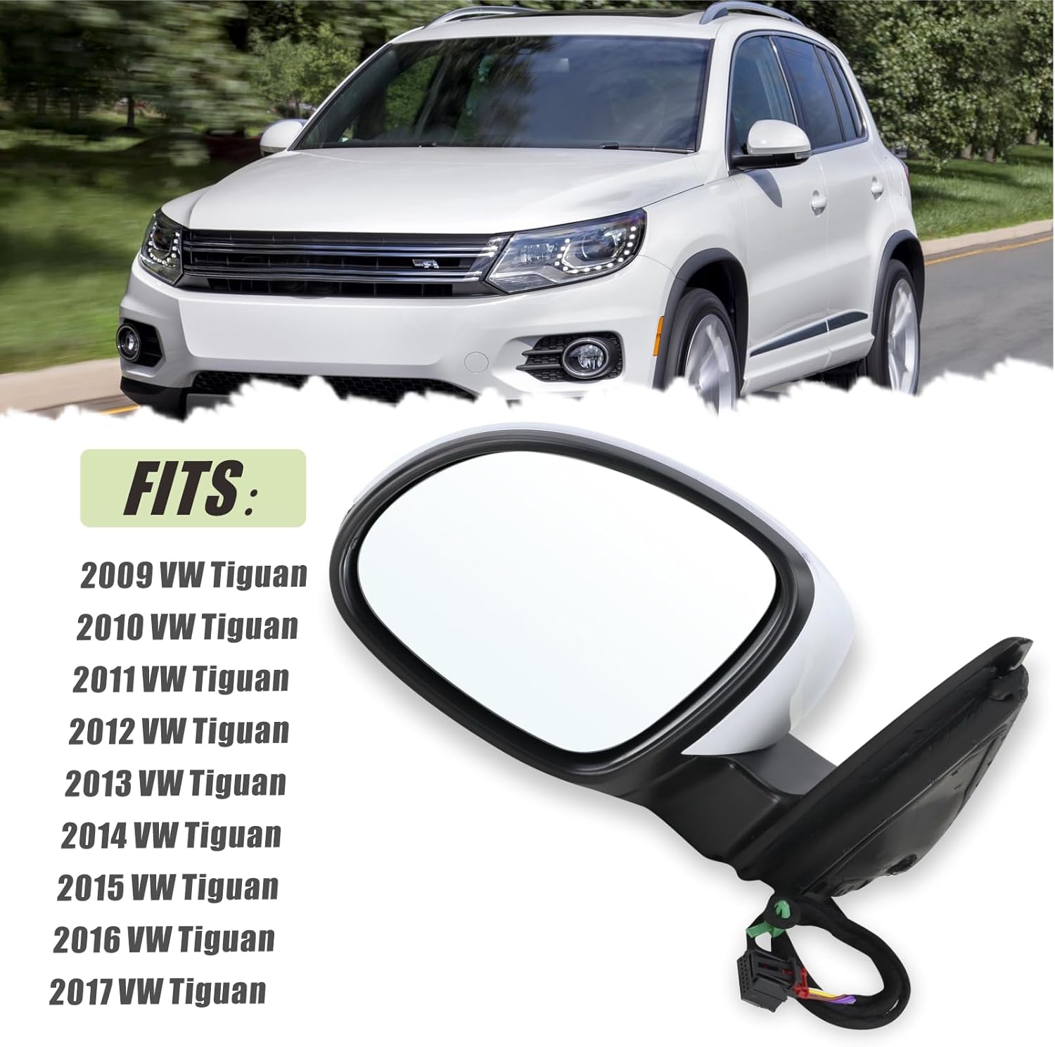 Left Driver Side Mirror Compatible With 2009 2010 2011 2012 2013 2014 2015 2016 2017 VW Tiguan With Manual Folding Power Glass Heated Turn Signal White Replace#5N1857507P9 B9(6Pins)