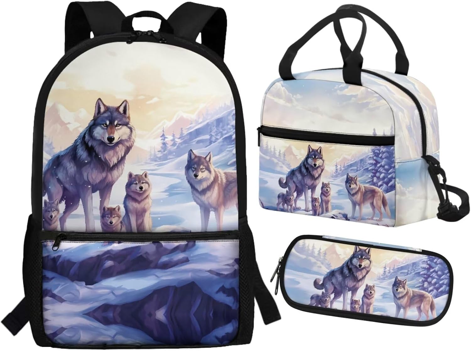 Wolf Backpack for Boys 4-7 8-10 Middle High School Book Bag with Lunch Box Pencil Case Cool Schoolbag Back Packs Set of 3 Elementary Kindergarten School Daycare Bag Satchel