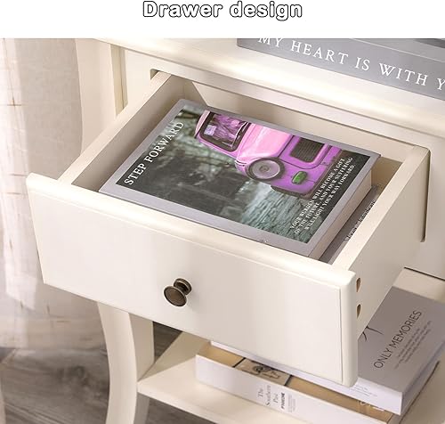 Miniatura 5 de SogesGame Mesita de noche con cajón, mesas de noche blancas con estante de almacenamiento, mesa auxiliar de 19.3 x 15 x 24.4 pulgadas, mesa auxiliar