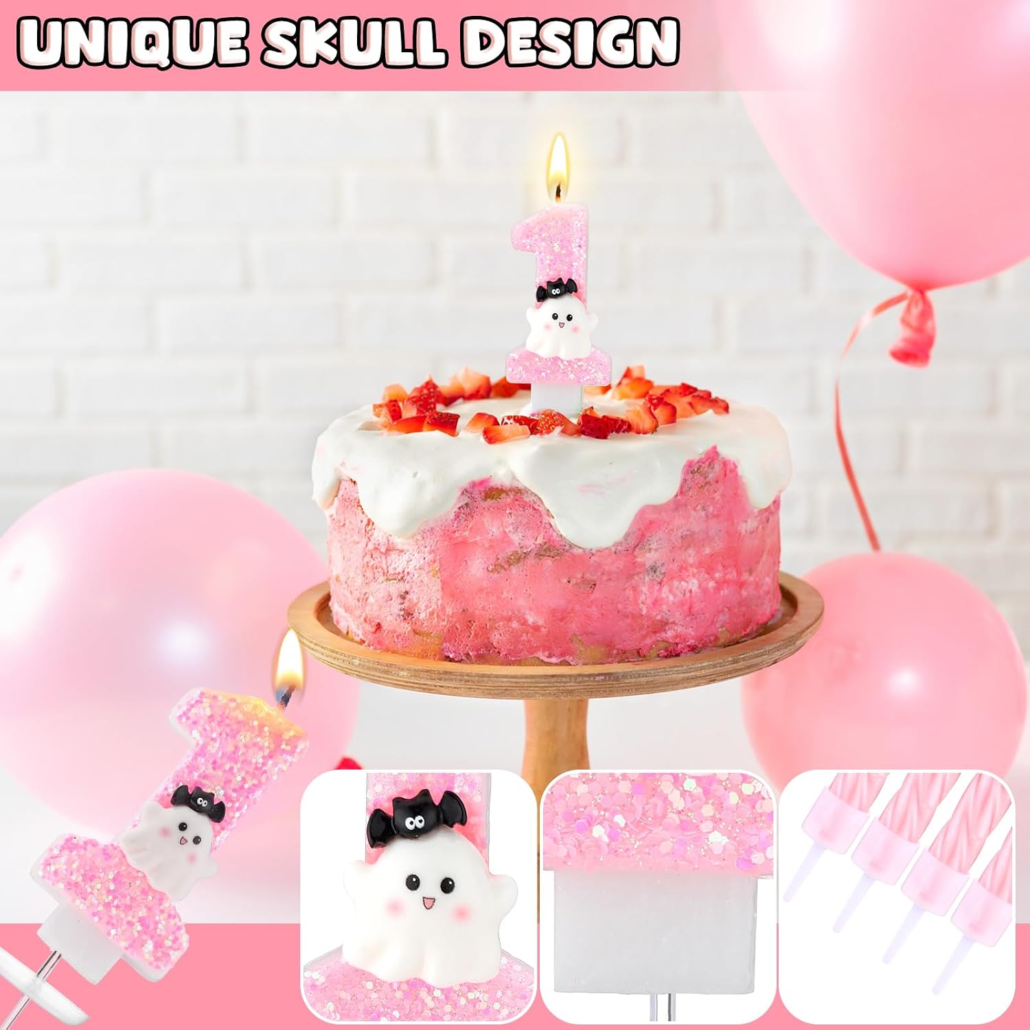 Conelist Halloween 1st Birthday Ghost Candle Set, Pink Ghost Cake Topper