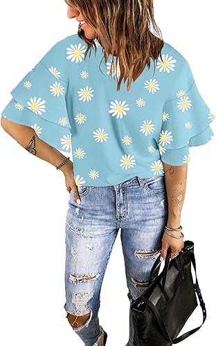 Miniatura 4 de luvamia Blusa casual de manga acampanada de 34 con cuello redondo para mujer