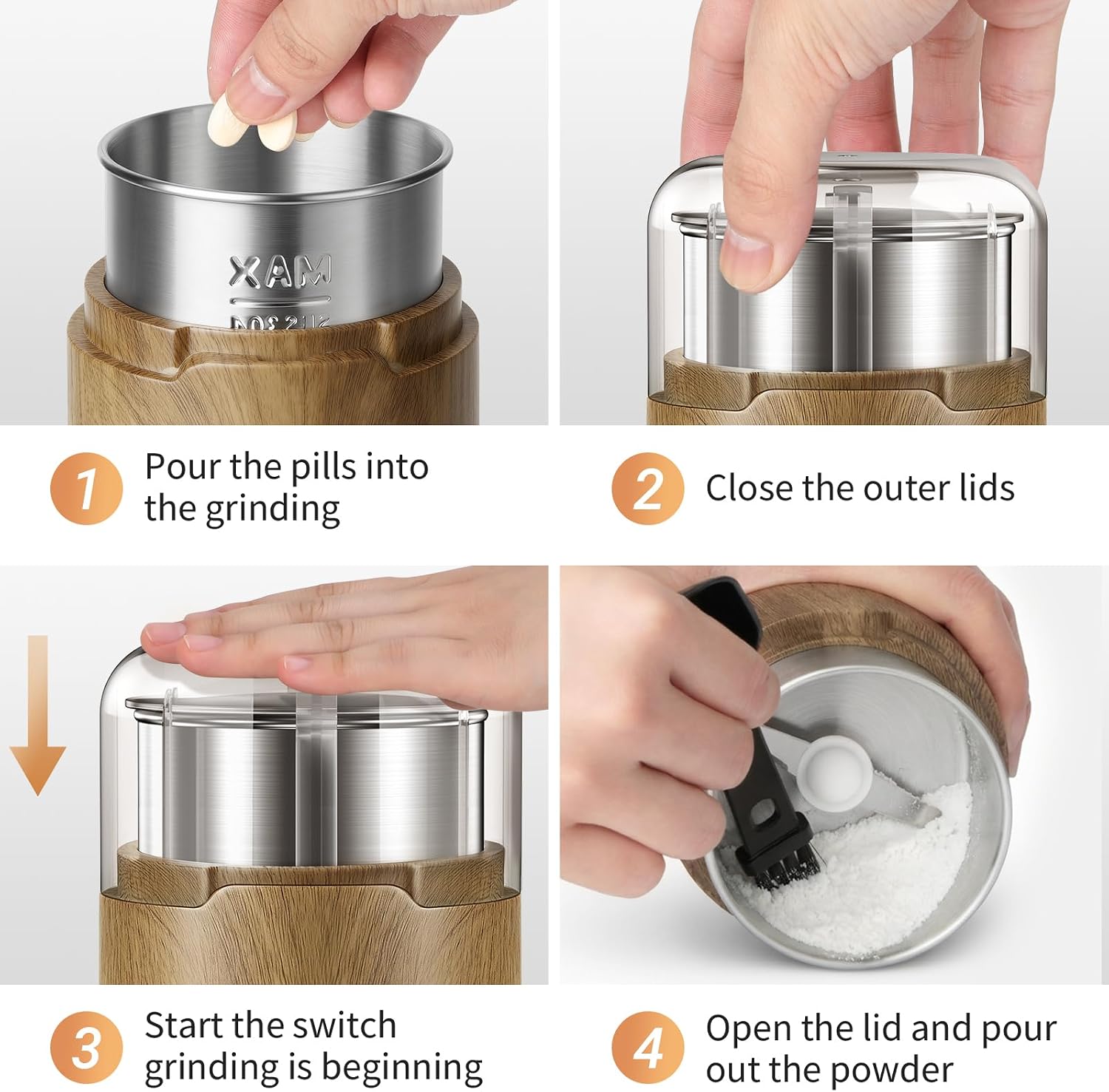 COOL KNIGHT Electric Pill Crusher, 150W 110V Corded Pill Grinder, Tablet Pulverizer for Small and Large Meds and Vitamins, 304 Stainless Steel Cup and Blades, Lid Seal to Reduce Mess, M150H