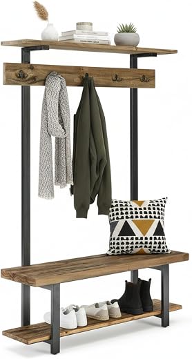 Alaterre Furniture Pomona 48-Inch Solid Wood Hall Tree with Bench, Shelves &amp; Metal Coat Hooks – Entryway Storage Organizer...