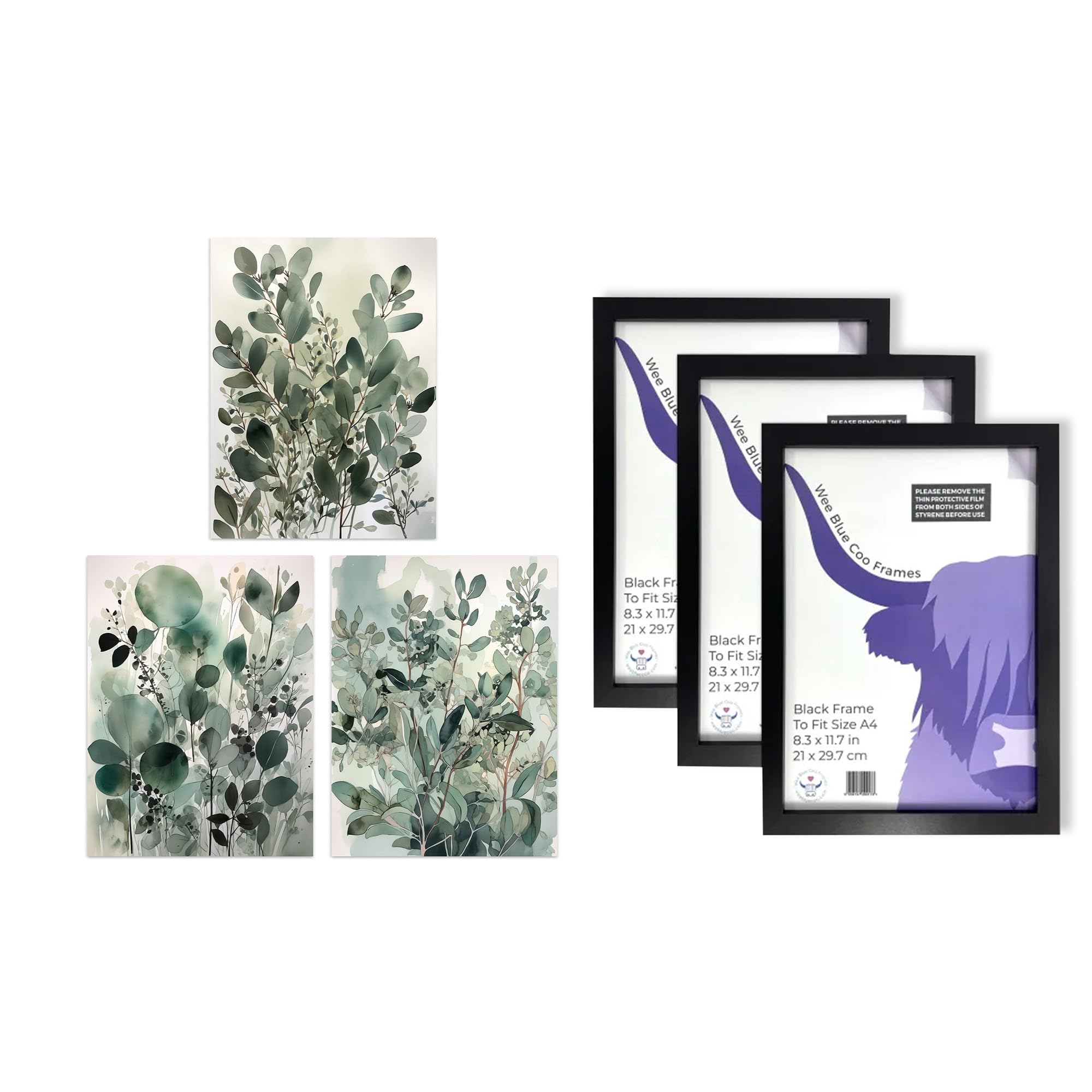 Artery8 Eucalyptus Leaves Wall Art - Set of 3 A4 Sized Art with Black Frames - Botanical Plants Sage Green Watercolour Boho