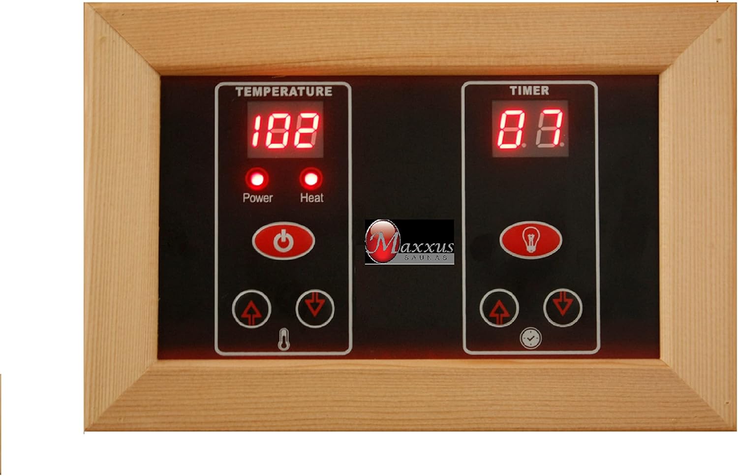 Close-up of the sauna's digital control panel, showing temperature and timer settings, along with power and light buttons.