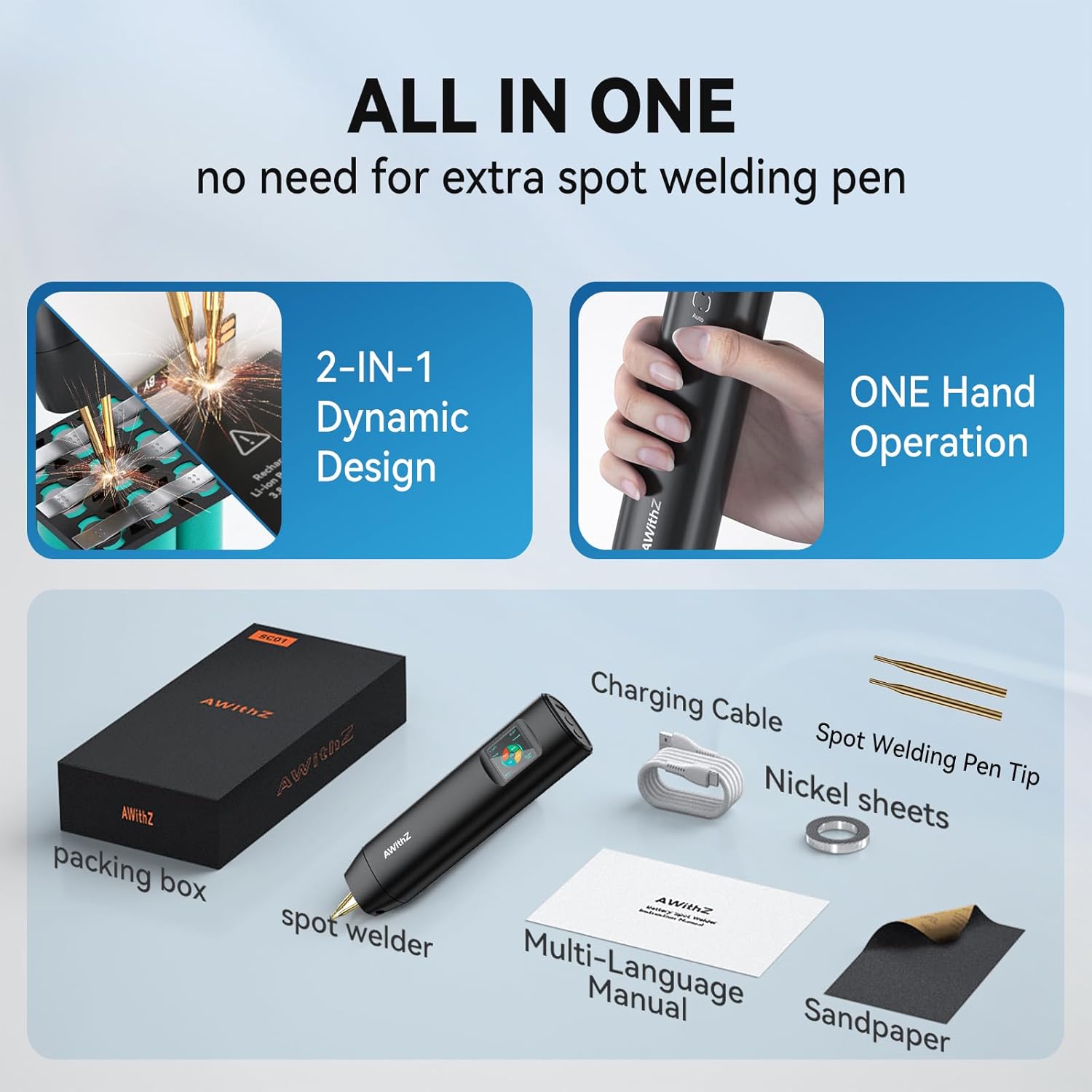 Handheld 18650 Battery Spot Welder with 1.5" LCD Display, AWithZ Double-ended 99 Adjustable Levels, Auto/Manual Modes, 7-Language UI - Portable DIY Welding Tool for Lithium Battery Packs