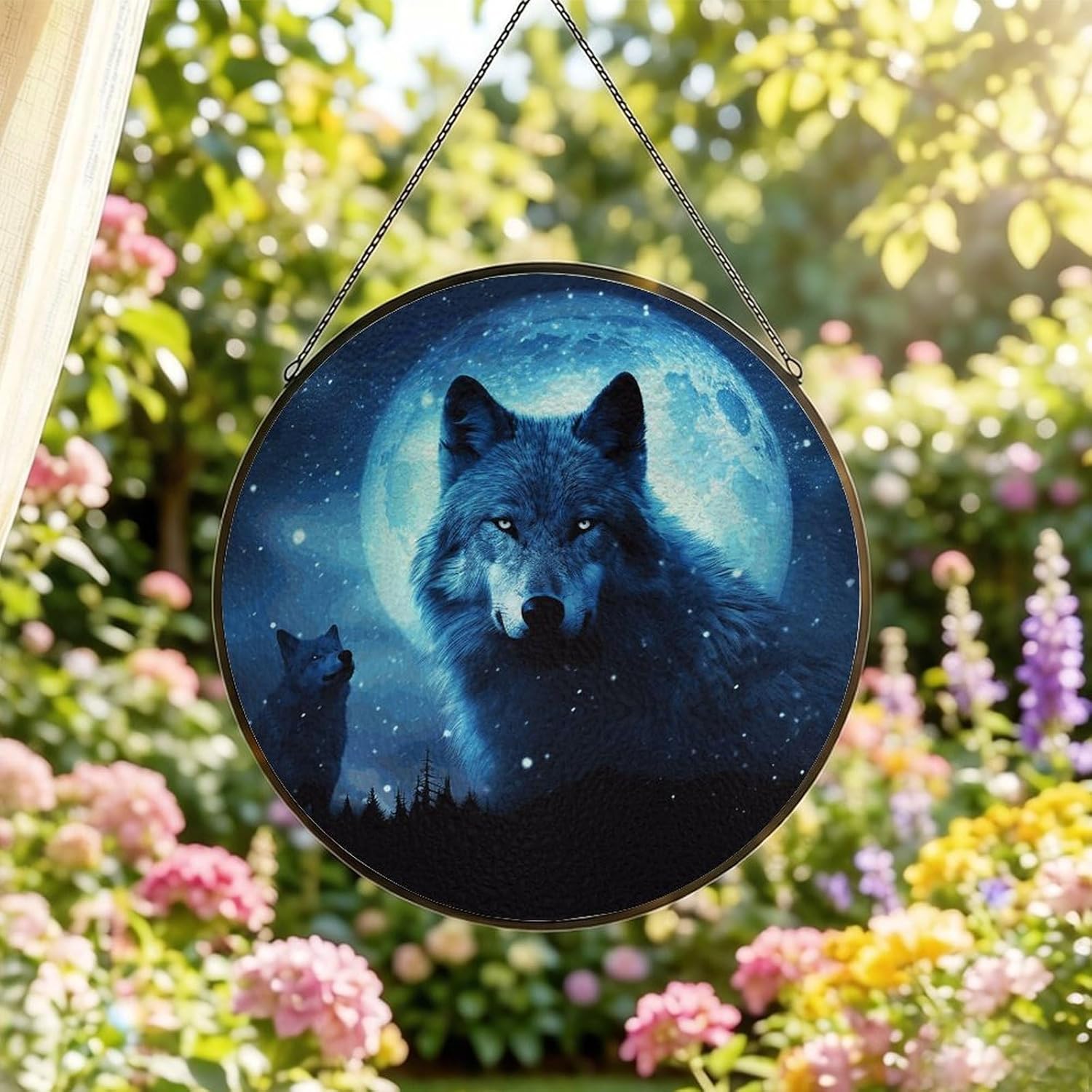 Stained Glass Hanging Sign Suncatcher, Wolfs