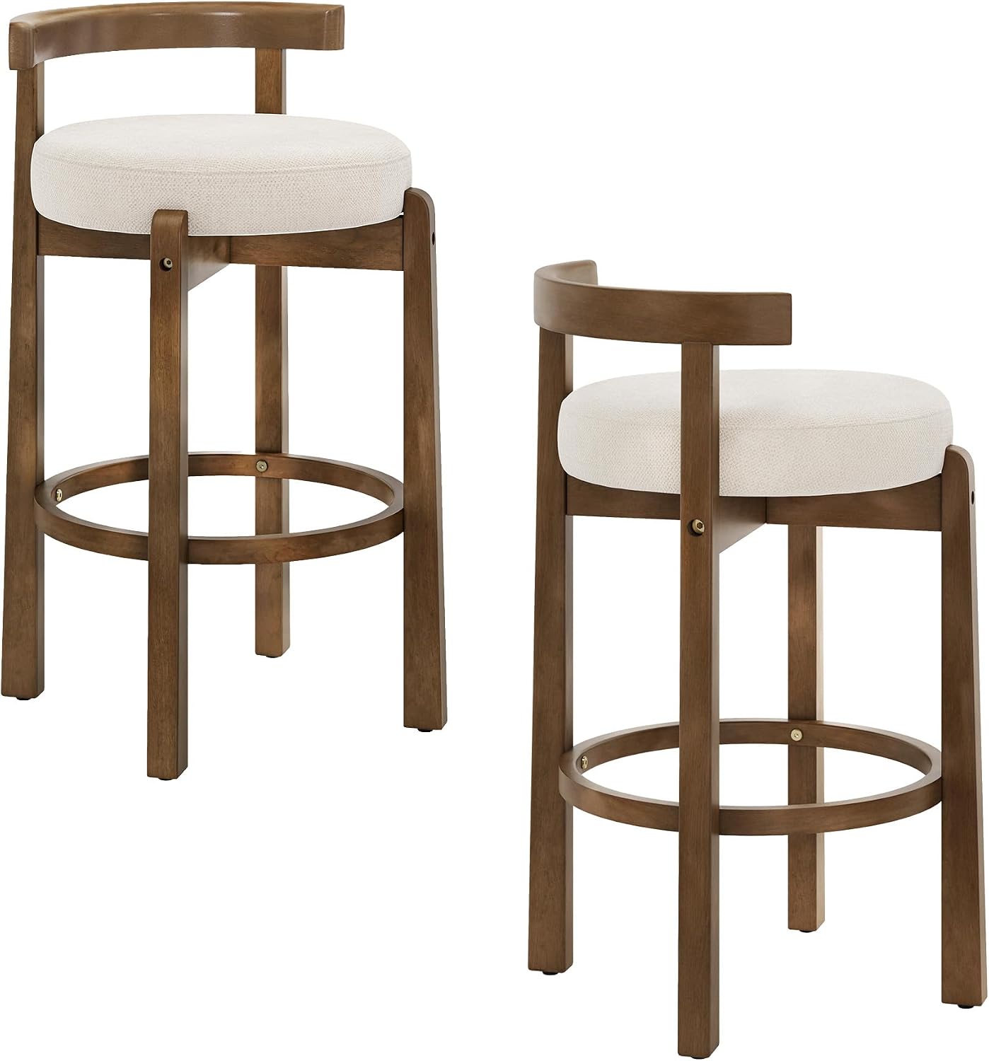 LUE BONA Counter Height Bar Stools Set of 2, 26" Linen Upholstered Low Back Bar Chairs with Rubberwood Frame, Round Seat & Footrest, Mid Century Kitchen Island Stools, Oat White-Walnut Color