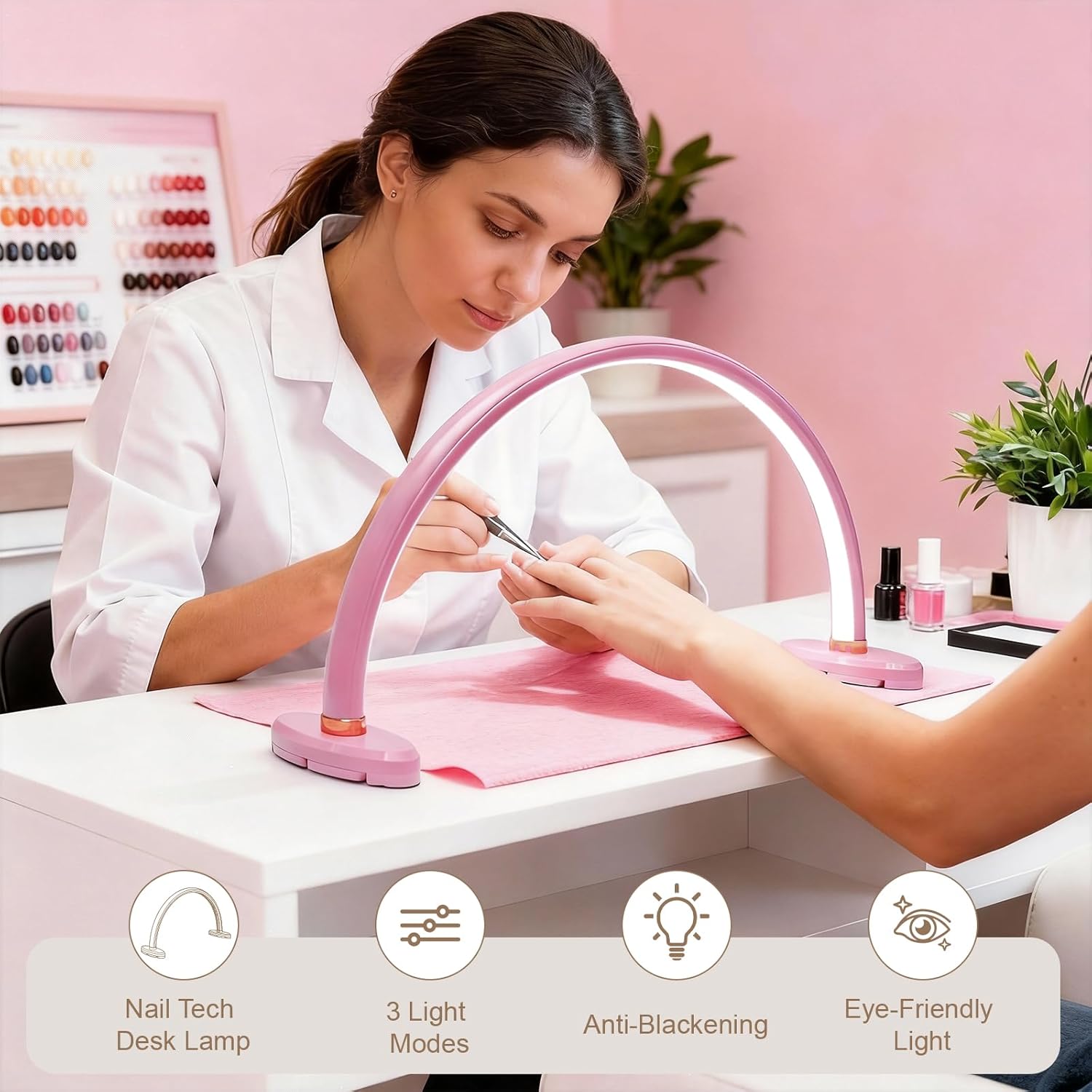 Half Moon Light for Nail Desk 16 inch Nail Desk Light Half Moon Lamp Portable Arch Lamp Dimmable with Foldable Bracket for Desk Salon Table Use, 3 Color Temperature