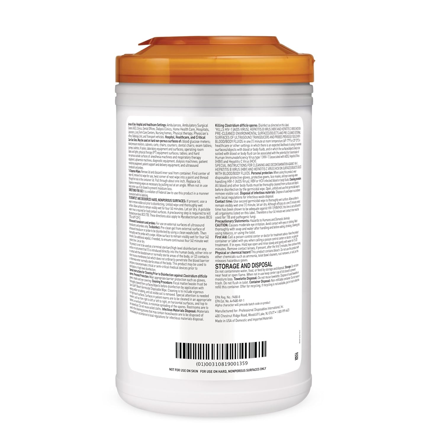 PDI Healthcare P25784 Sani-Cloth Bleach Germicidal Disposable Wipe, X-Large, 7-1/2" x 15" Size, Pack of 65