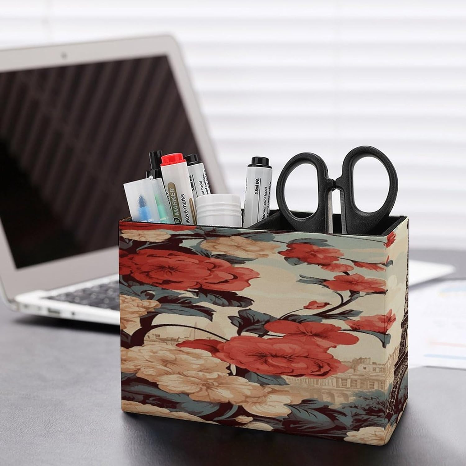 Paris Vintage Floral Pen Holder Double Compartments Pen Cup Fashion Makeup Brush Holders Leather Pencil Holder for Work Locker Accessories Modern Pencil Cup for Desk Organizer image 5
