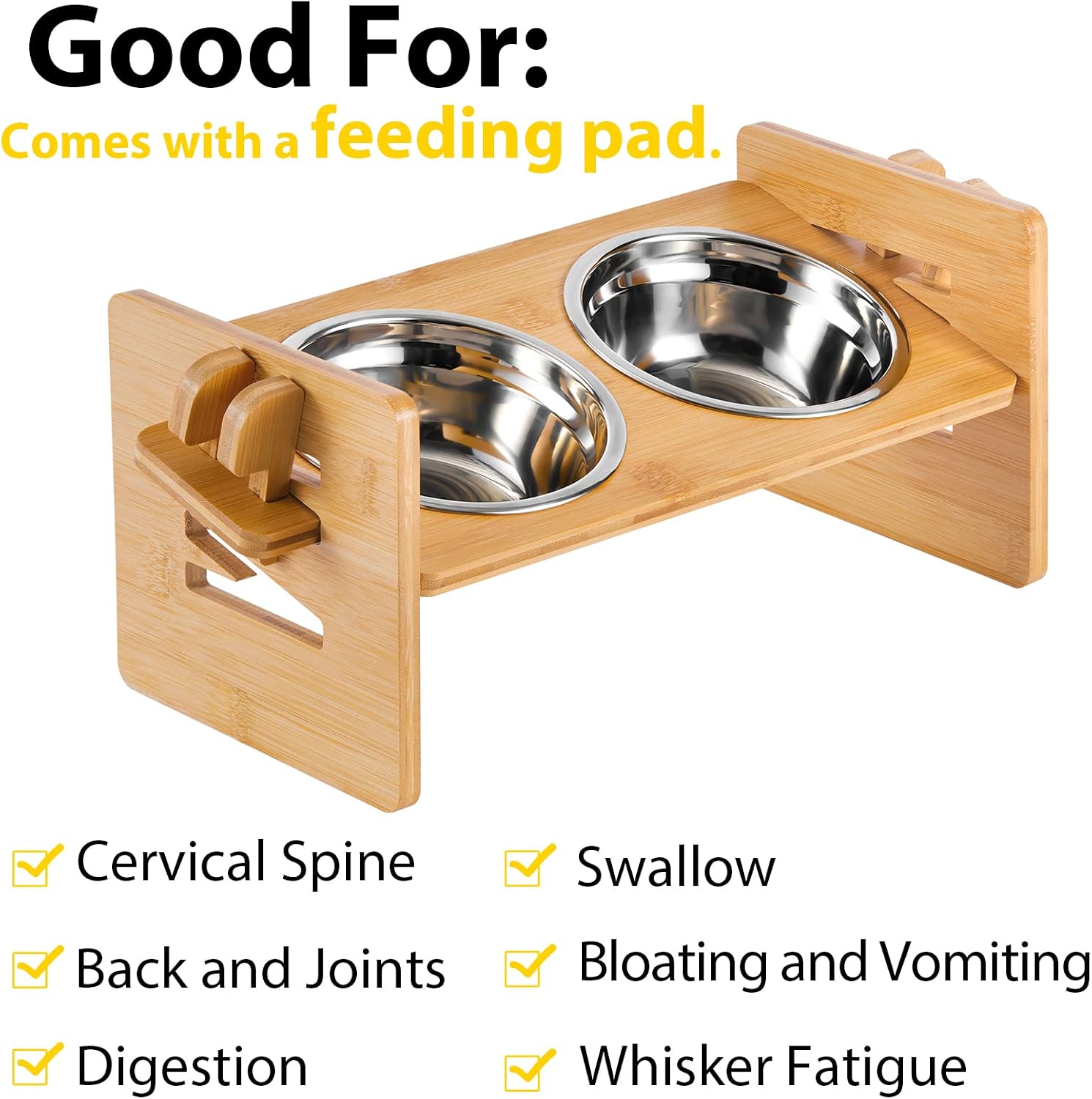 5 Heights - VALUCKEE Elevated Cat Bowls, 15° Tilted Raised Cat and Small Dog Food Water Bowls, Raised Pet Dish, Solid Bamboo Pet Stand Feeder Set, Pet Feeding Stainless Steel Bowl with Waterproof Mat