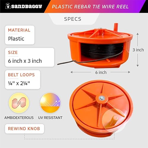 Miniatura 2 de Sandbaggy Carrete de alambre de plástico para barra de refuerzo, soporta hasta 400 pies de alambre de calibre 12-20, perilla de rebobinado