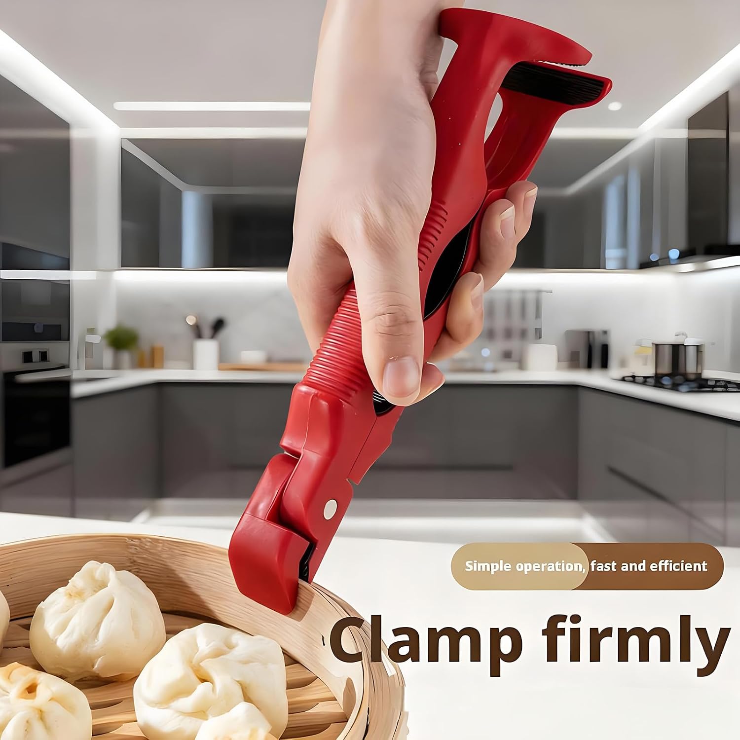 1 Pack 3-in-1 Hot Plate Gripper Tongs, Dual Heads Multi-Purpose Kitchen Utensils Anti-Scald Bowl Plates Holder Clip For Home Cooking Moving Hot Bowl Tong (Red)