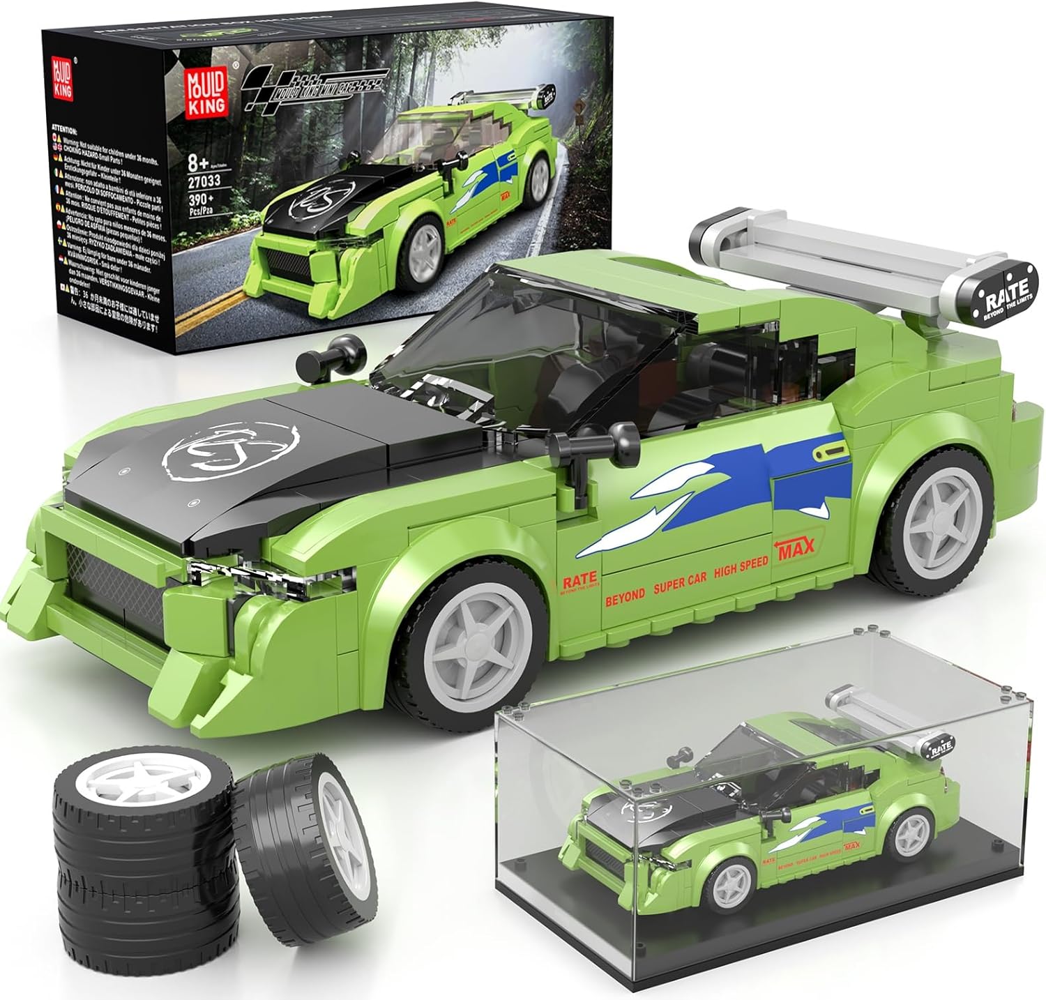 Mould King Super Sports Car Building Set with Display Case, 338 Piece Race Car Model Construction Toy for Boys and Adults, Collectible Vehicle Blocks Kit