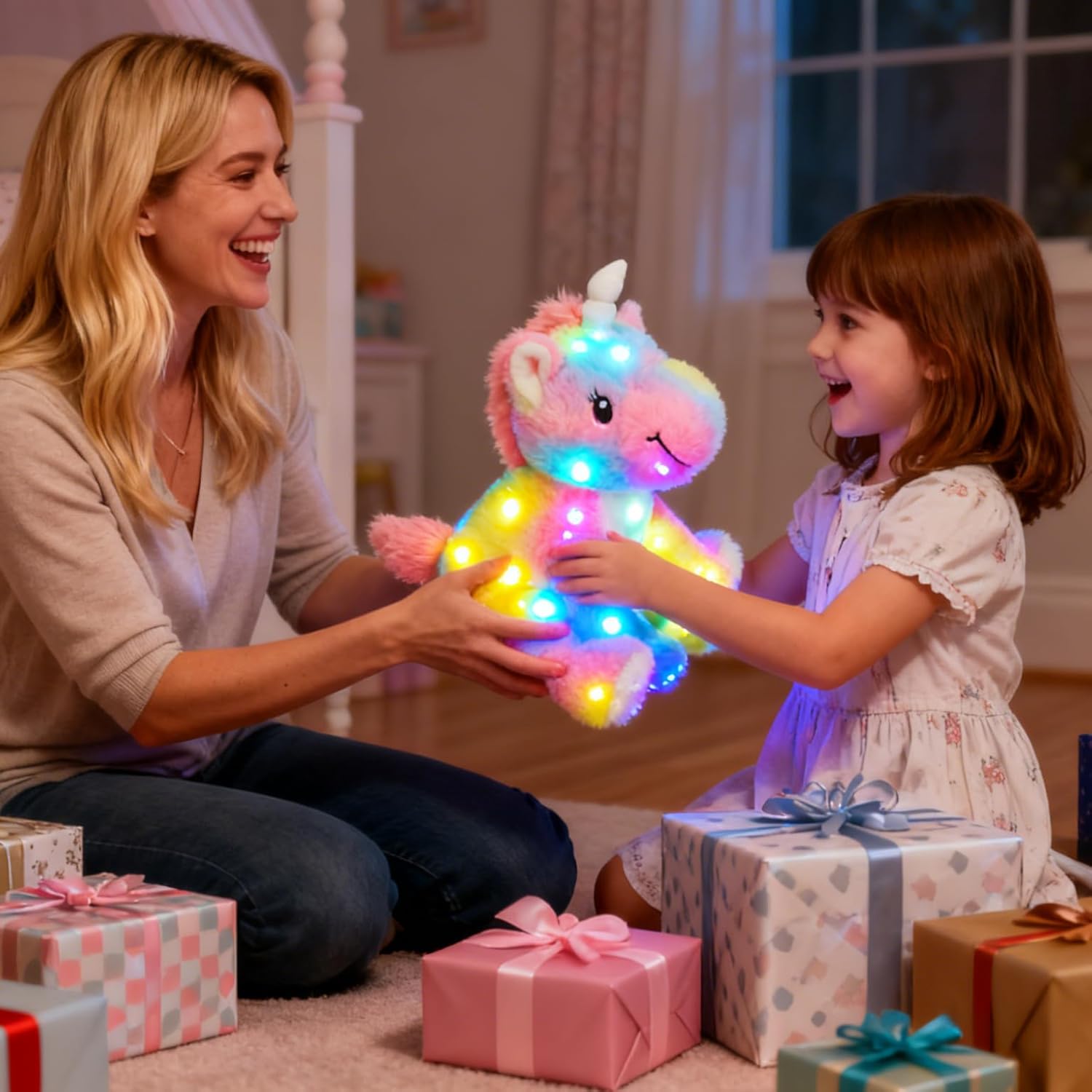Hopearl LED Plush Unicorn Colorful Lighting Up Stuffed Animal Floppy Night Lights Glow in The Dark Birthday Gifts for Kids Toddler Girls, Rainbow, 12''