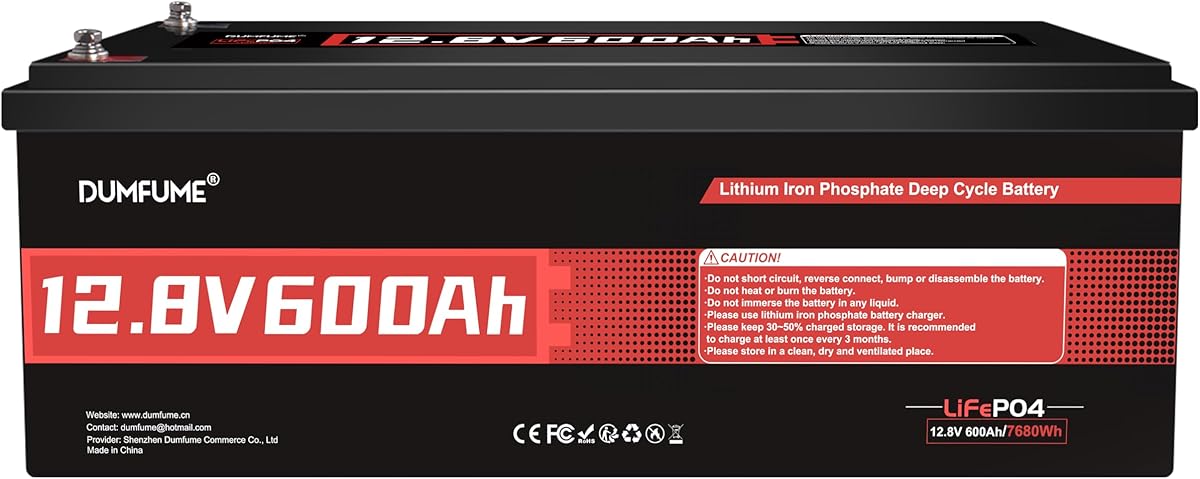 12V 600Ah LiFePO4 Battery 200A BMS 10000+ Deep Cycle Lithium Iron Phosphate Battery 7200WH For Power Shortage, RV, Off Grid Applications,Solar,Camping