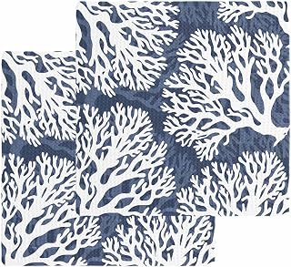 Navy Blue Coral Waffle Kitchen Towel Set of 2 Coastal Ocean Beach Summer Nautical Modern Absorbent Dish Towels Dishcloths for Kitchen Bathroom Home Daily Use Guesthouse 12 x 12 Inch