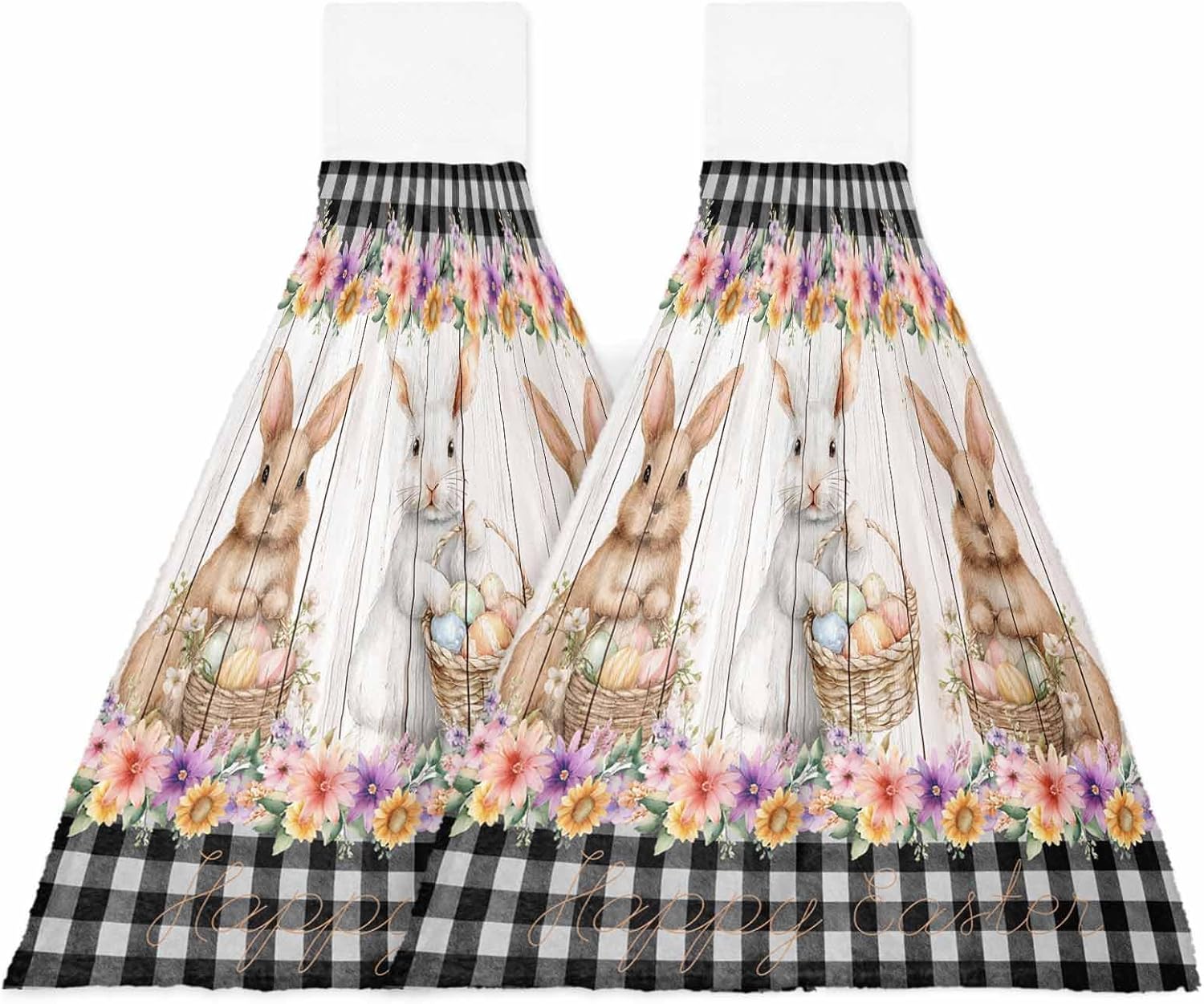 Easter Bunny Eggs Kitchen Hand Towels with Hanging Loops Set of 2 Spring Flowers Rabbits Plants Retro Beige Soft Thick Oven Fingertip Dry Microfiber Tie Dish Towel Absorbent Cleaning Washcloth