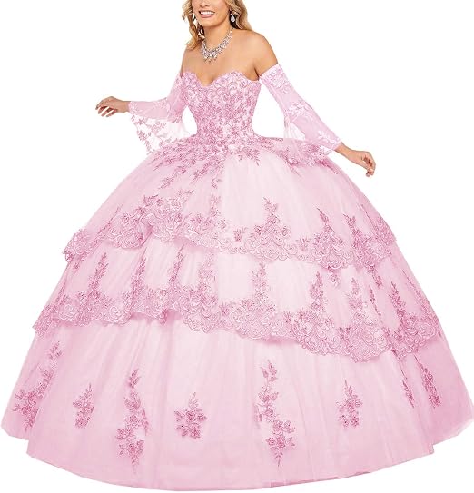 Annadress Women's Long Sleeve Lace Quinceanera Dresses Train V-Neck Ball Gown, Pink, 10: Buy Online at Best Price in UAE