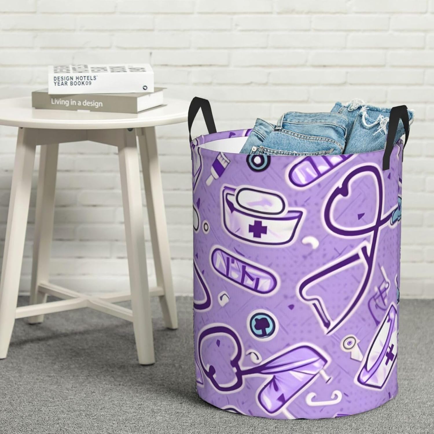 Nurse Pattern Purple Print Circular Protable Storage Bin,Basket For Laundry Hamper With Handles Bedroom Clothes