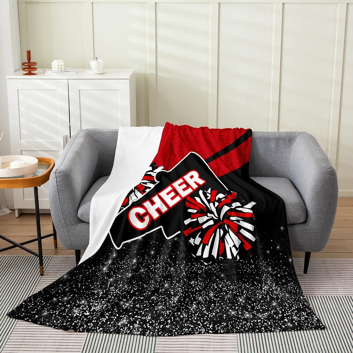 Feelyou Cheers Flannel Fleece Throw Blanket Kids,Cheerleading Glitter Print (No Glitter) Red Fuzzy Blanket for Bed Sofa Couch,All Season Sports Theme Bed Blanket Plush Blanket Throw 50"x60"