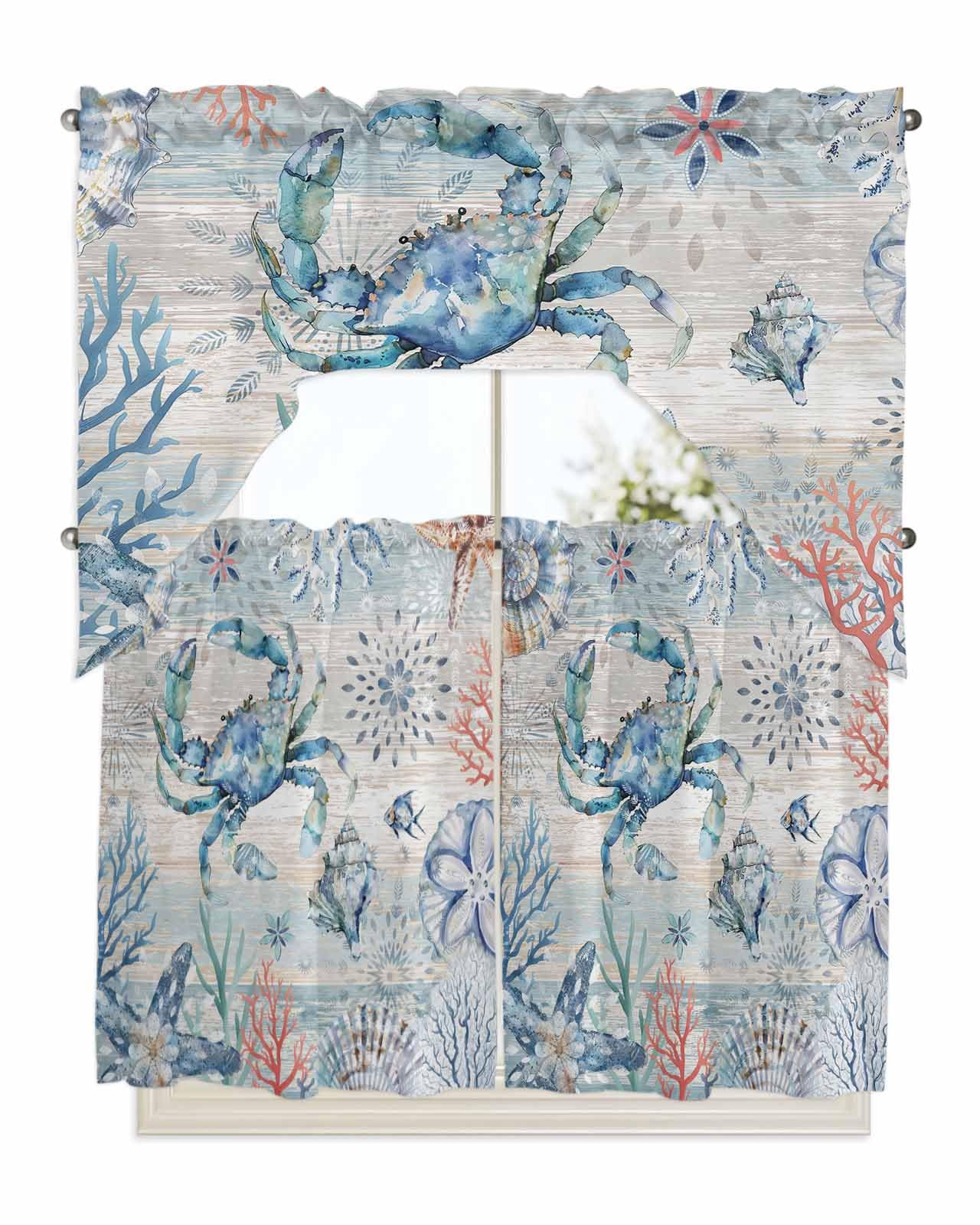 Ocean Blue Coral Crab Kitchen Curtains Swag Valance and Tier Curtains Set 36 Inch Length, Rod Pocket Drape Panels Pair Swag Curtains for Bathroom/Cafe