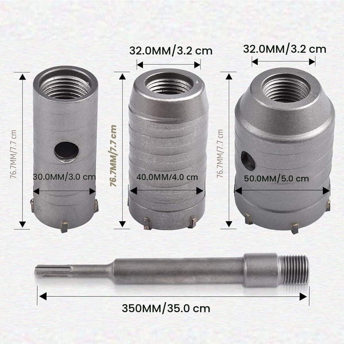 350mm Rundgriff SDS Plus Schaft Betonwandbohrer Lochsägenschneider Betonzement Steinwandbohrer mit 30/40/50 mm Aufweitung （Silber）