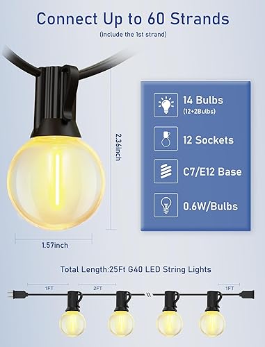 Miniatura 2 de Abeja Tira de luces LED para exteriores de 25 pies, luces LED G40 para patio con 14 bombillas Edison de plástico (2 de repuesto), luces colgantes