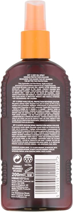 Malibu Sun SPF 15 Non-Greasy Dry Oil Spray, 200ml