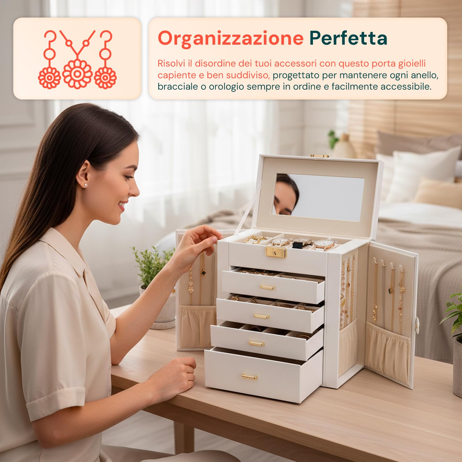 Avilia - Portagioie Moderno Donna Funzionale, Specchio Integrato, 4 Cassetti, Organizer Capiente e Antigraffio con Scomparti Regolabili, Ideale come Regalo Elegante