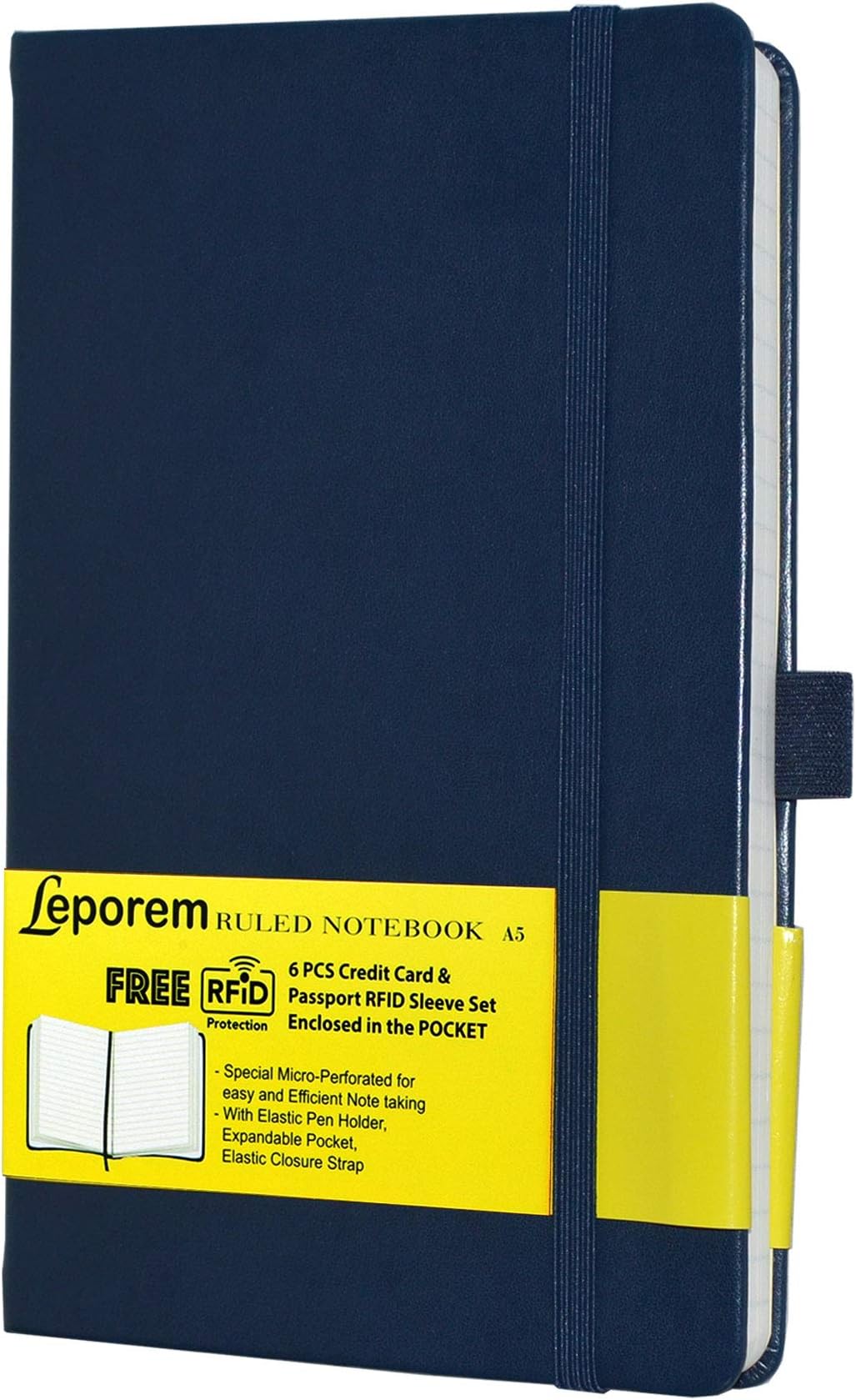 Business Notebook - Lined Notebook, Premium Hardcover Ruled Notebook Daily W/FREE 6 RF Blocking Sleeve, Lined Journal with Pen Loop, Pocket, Band, Ribbon&Thick Paper, A5 Bound Classic College Notebook