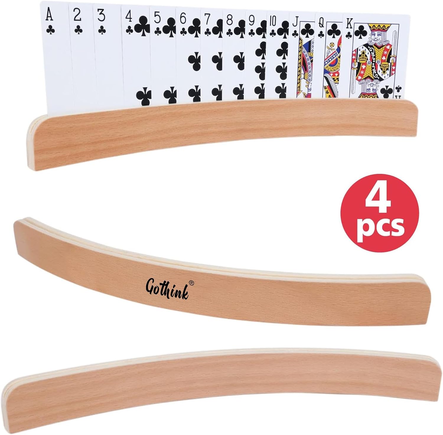 GOTHINK Set of 4 - Wood Curved Playing Card Holder for Kids Adult Seniors Solid Wood Cards Holders for Playing Cards 13.4 x1.4 x 0.5 Inch Non Slip Card Deck for Bridge Canasta Strategy Card Games
