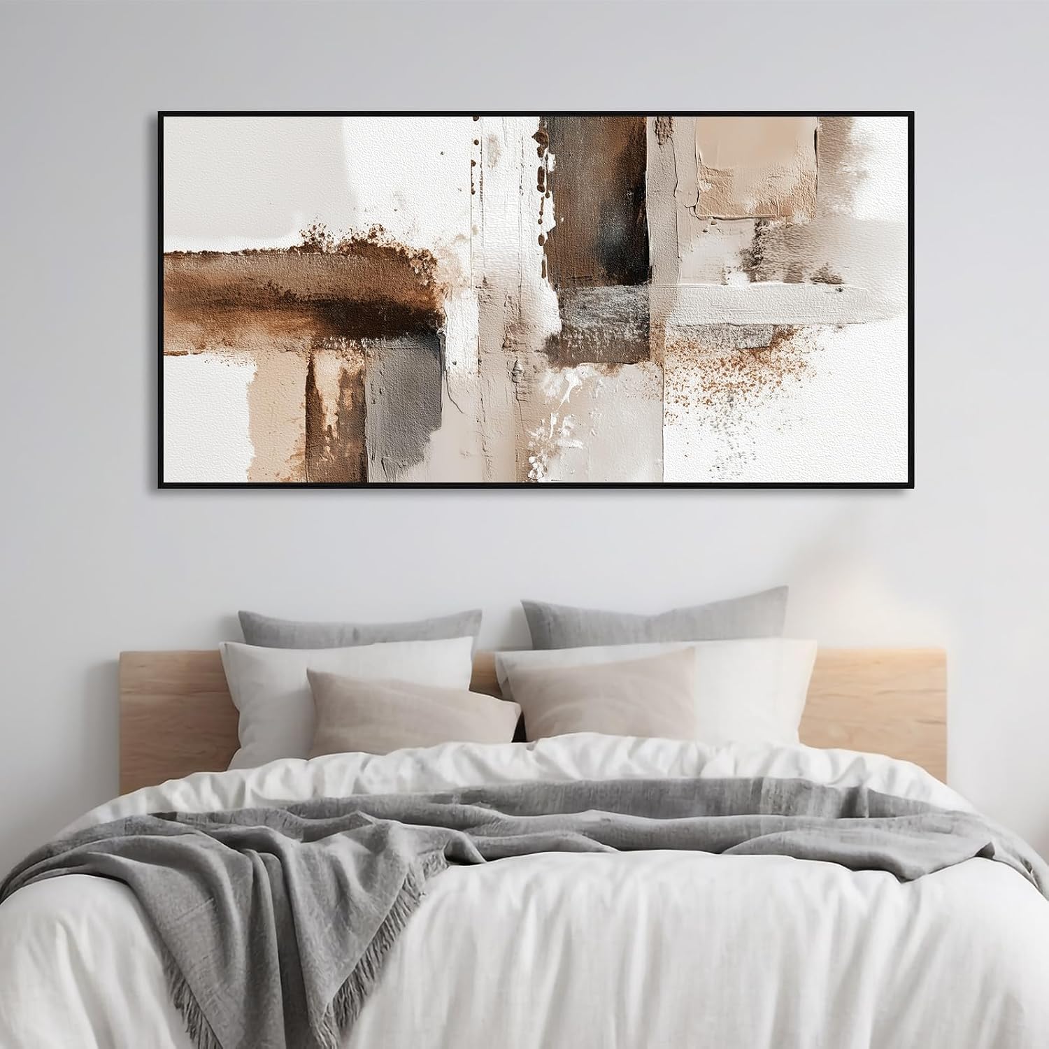 Azatyam Abstract Beige Brown White Metal Framed Wall Art for Living Room Minimalist Modern Decor Office Home Canvas Wall Art Picture Prints Horizontal Large Artwork Paintings Decor 20" x 40"