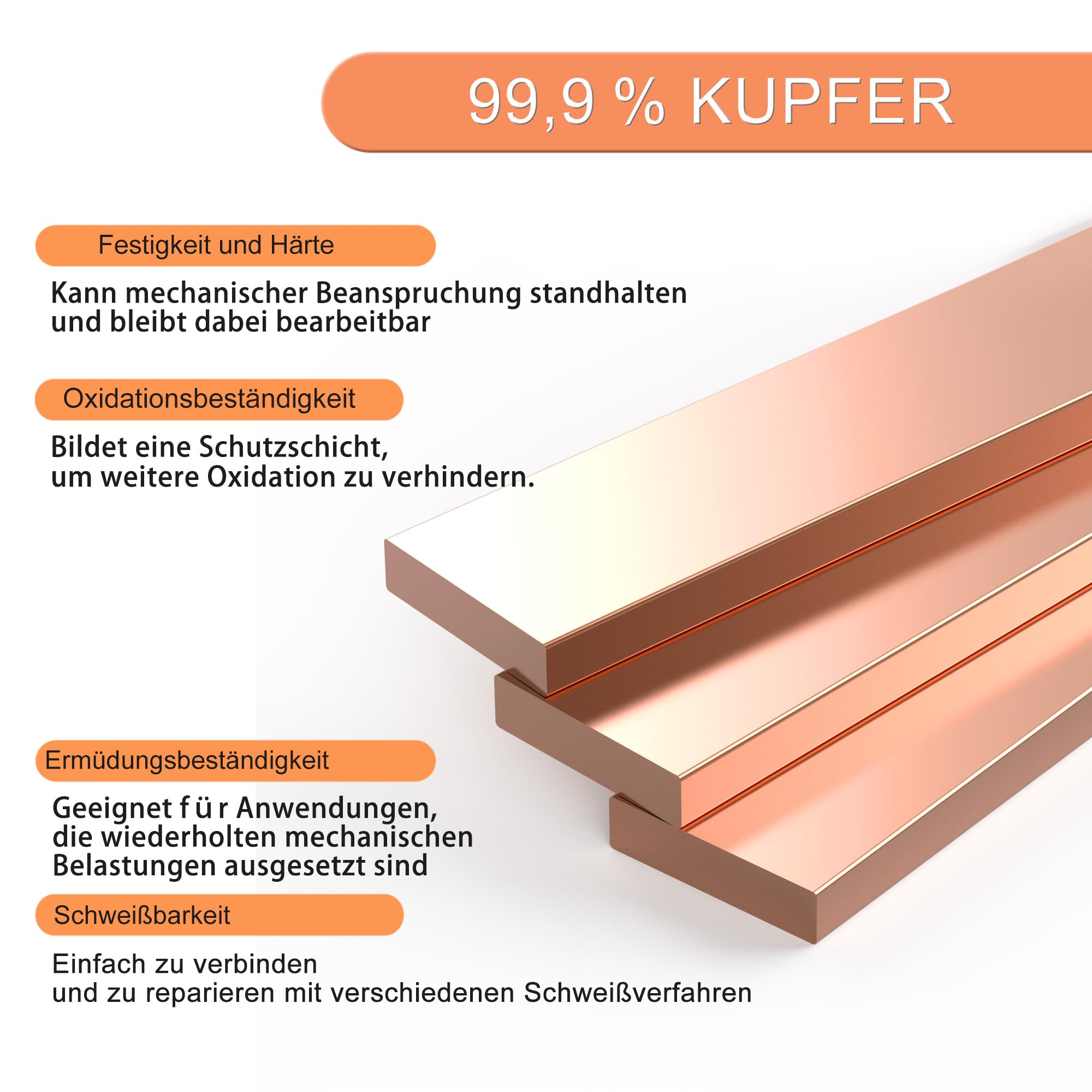 Metall Kupferplatte, 1 Stück Kupferflache Stangenplatte 254mm x 25mm x 6mm, 99.9% T2 Reiner Kupferblech für Bastelarbeiten, Elektrische Reparaturen und Verschiedene DIY