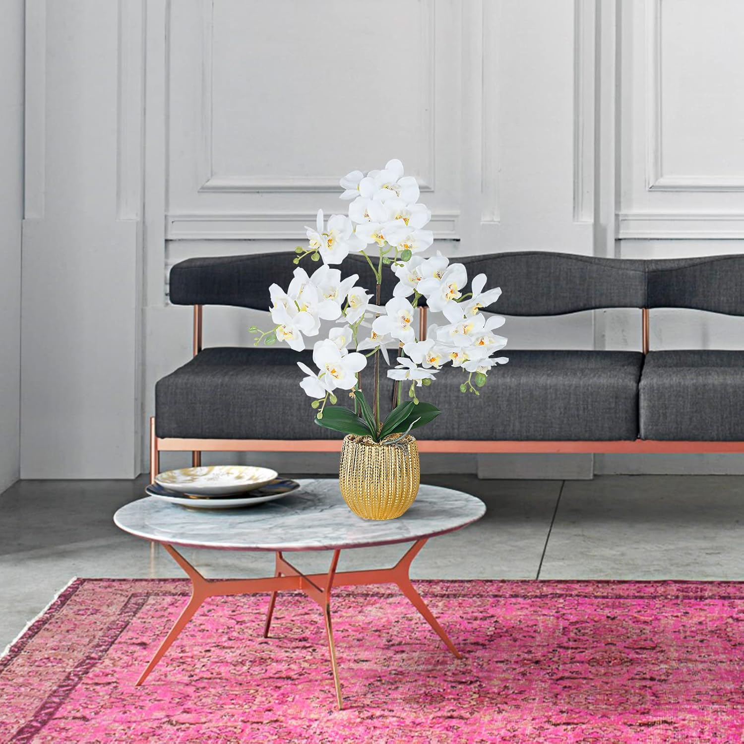 Ziwon Artificial Orchid Flowers & Plants Potted in Ceramic Pot, White Faux Phalaenopsis Orchids for Table Centerpiece, Realistic Fake Flower Arrangement for Home Office Decor Indoor - Image 5