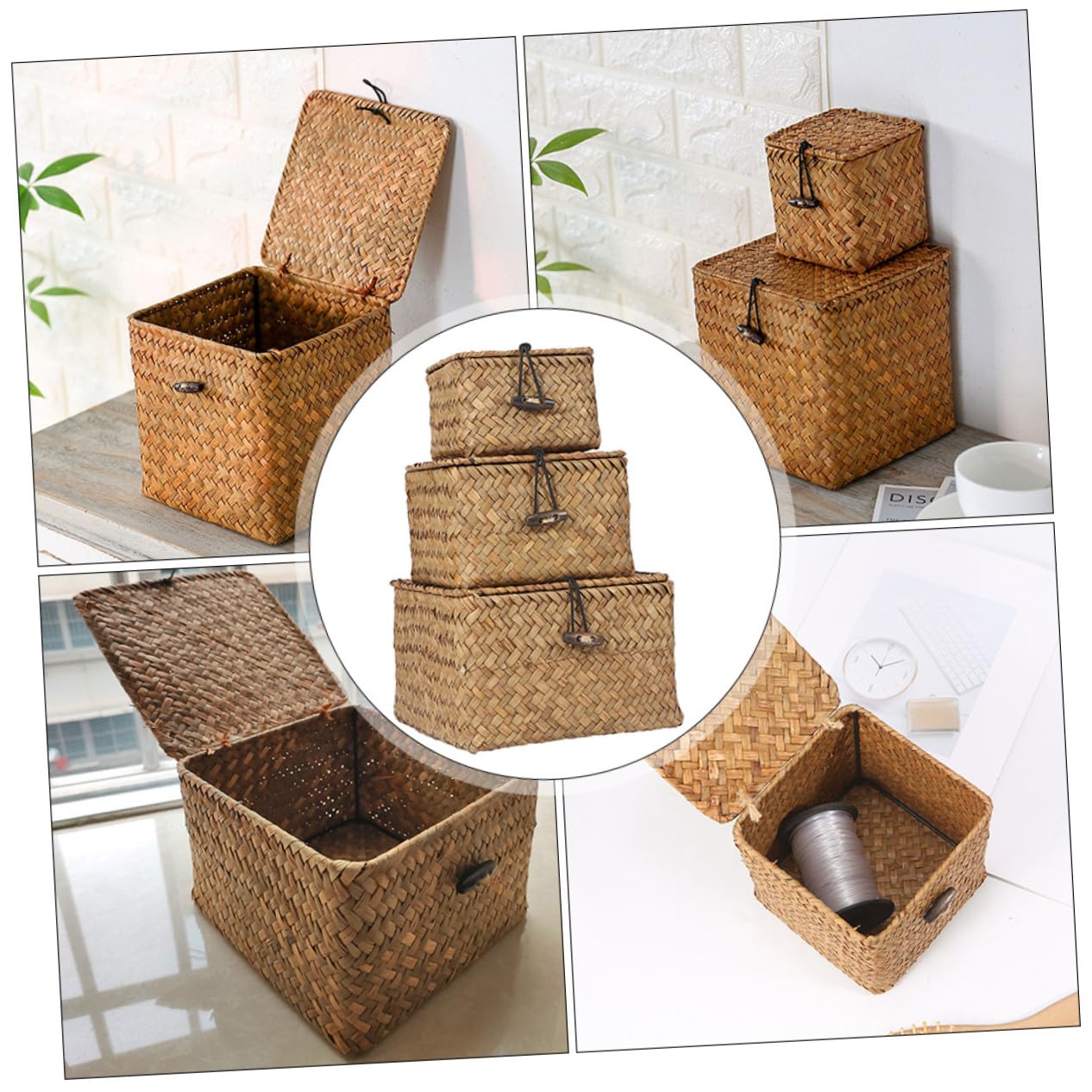 SOIMISS 3 pezzi Cesti Intrecciati in Paglia Naturale con Coperchio Contenitori Compatti e Resistenti per Frutta e Organizzazione Desktop per Casa e Regalo