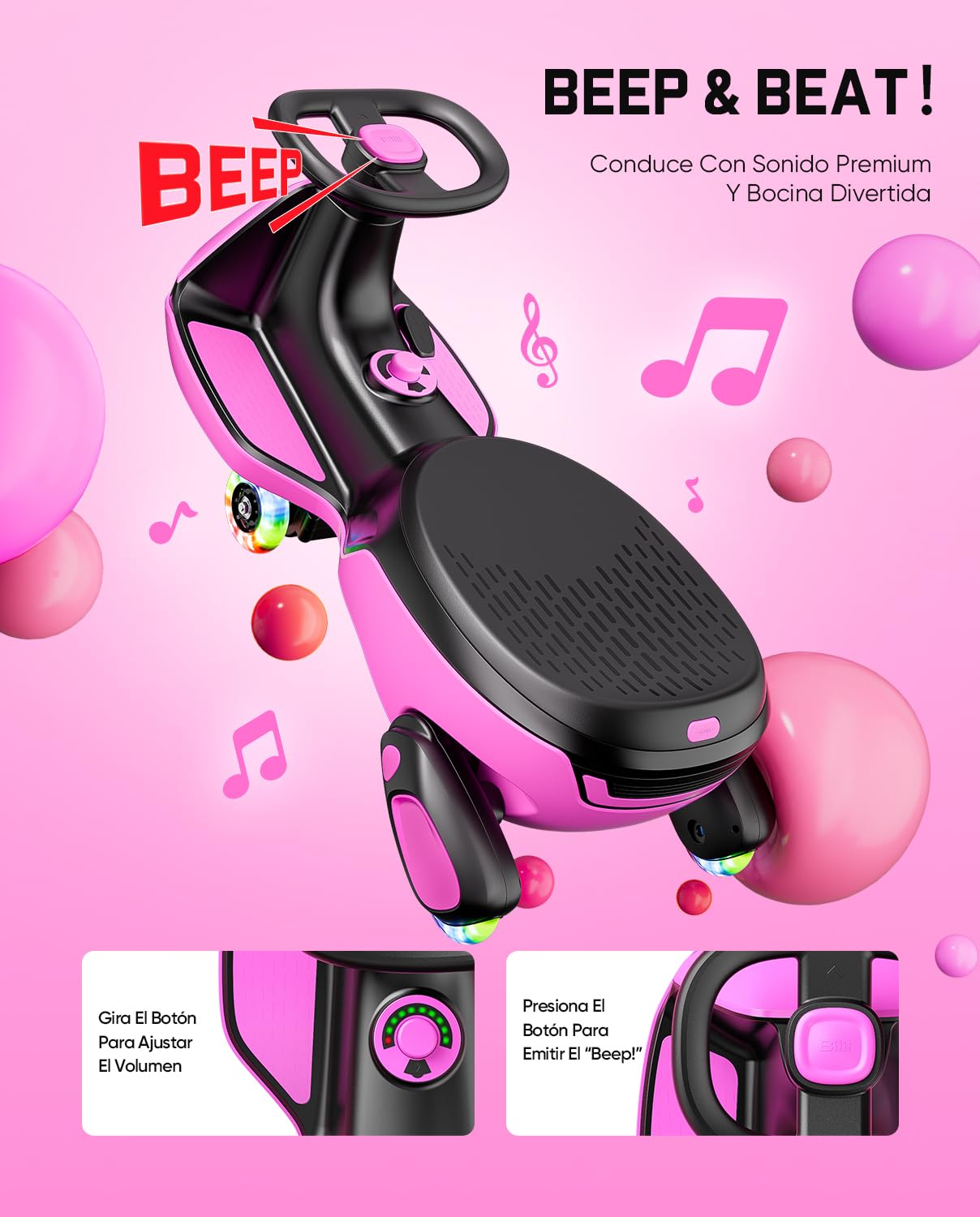 FanttikRide N10 Classic Coche Eléctrico para Niños con Mopa Desmontable, Pedal, Carga Tipo C, GlideWiz, Antivuelco, Ruedas Luminosas y Bluetooth | para Edades de 3+, Carga Máxima 68 KG,Rojo